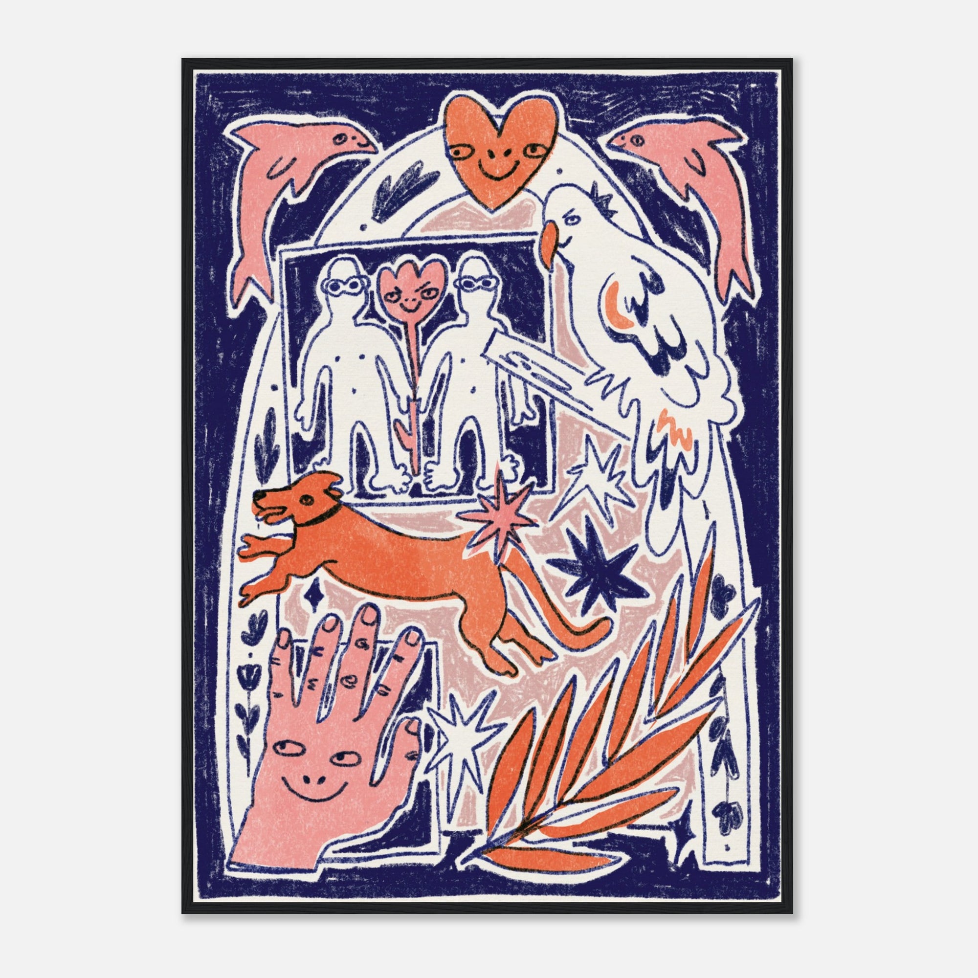 Artistic illustration with people, animals, and abstract elements on a blue background