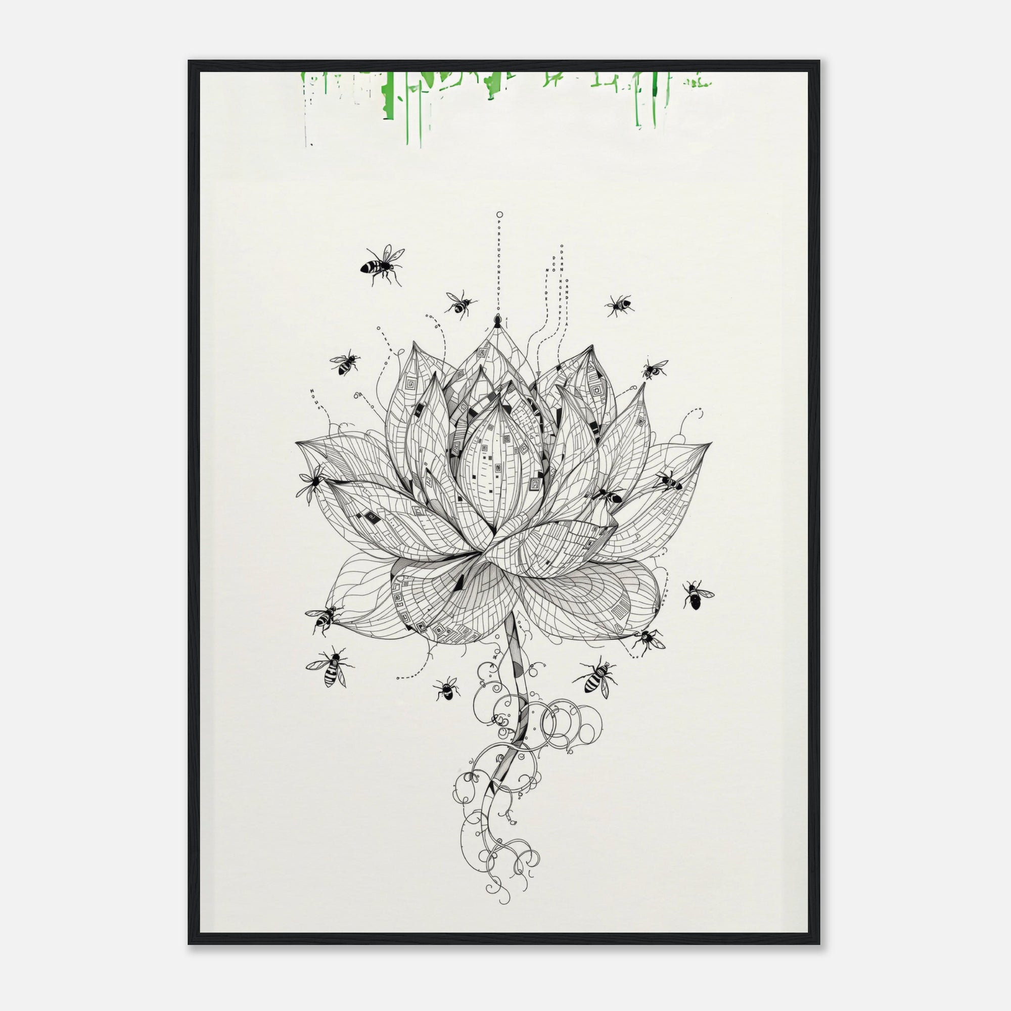 Framed artwork of a black and white lotus flower with insects on a light gray background