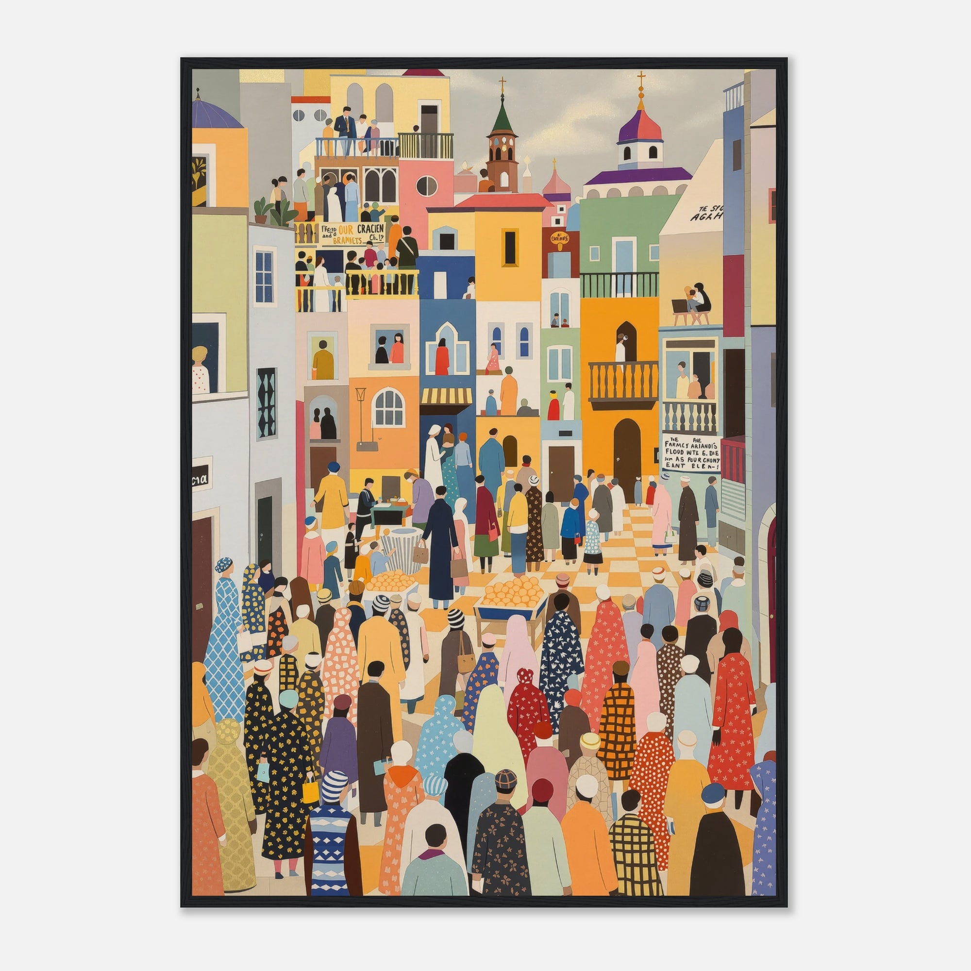 Colorful illustration of a bustling street scene with people and buildings.
