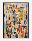 Colorful illustration of a bustling street scene with people and buildings.