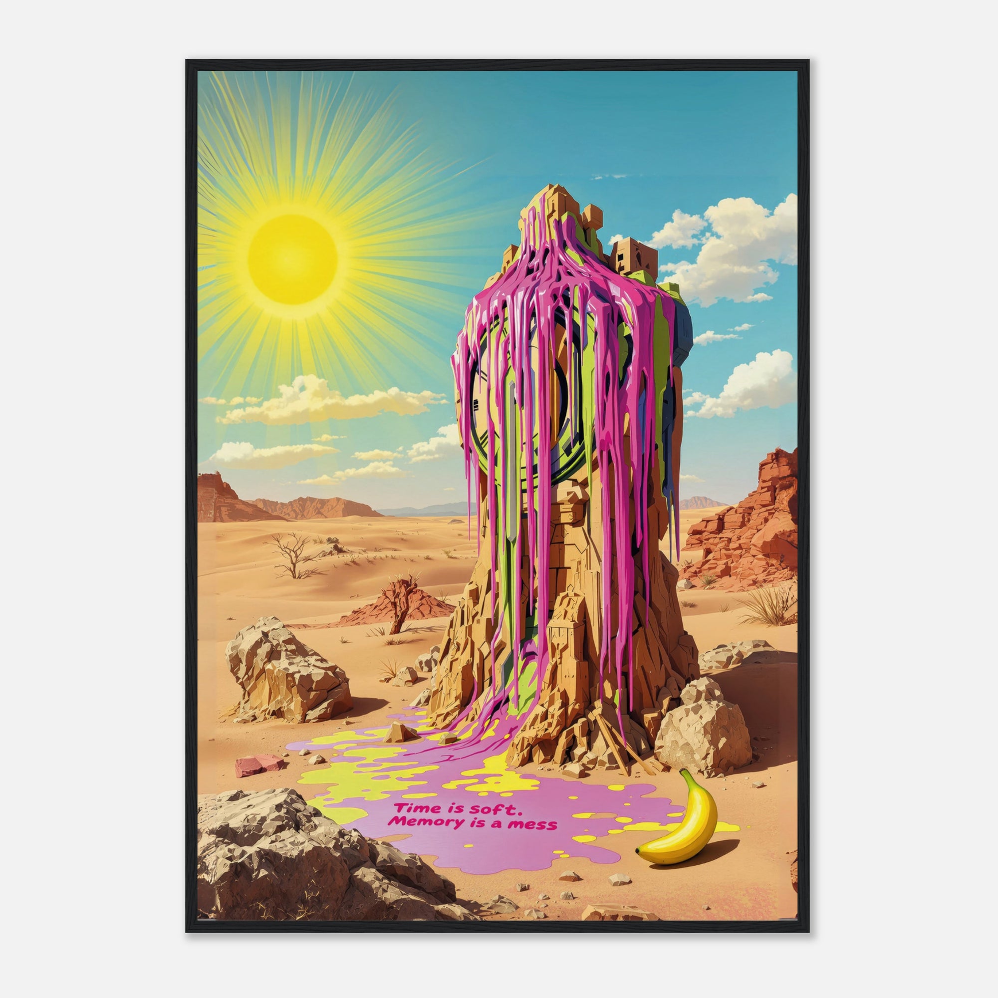 A black framed modern Surrealist art print based on Dali's The Persistence of Memory
