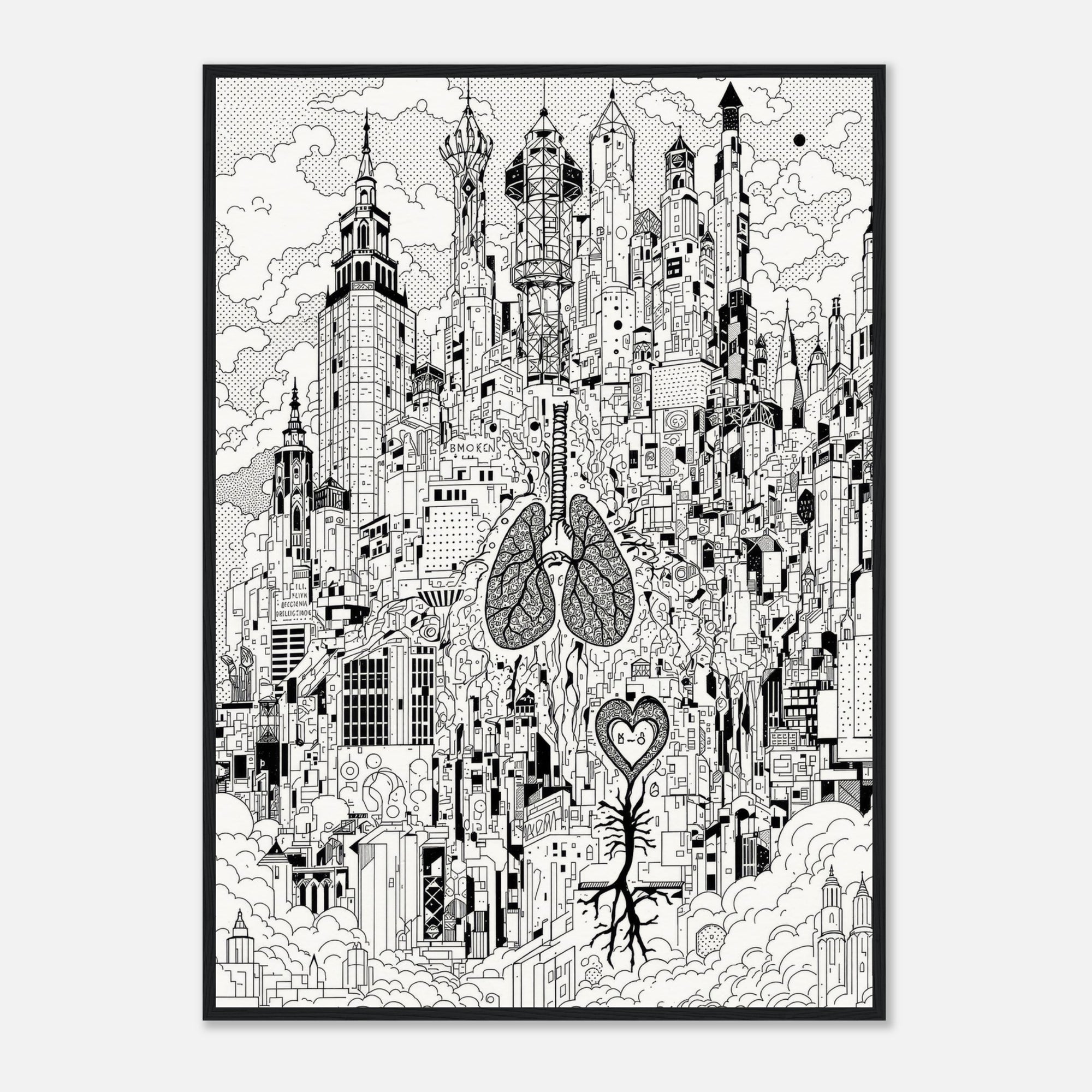 Black and white illustration of a cityscape with anatomical heart and lungs design, framed.