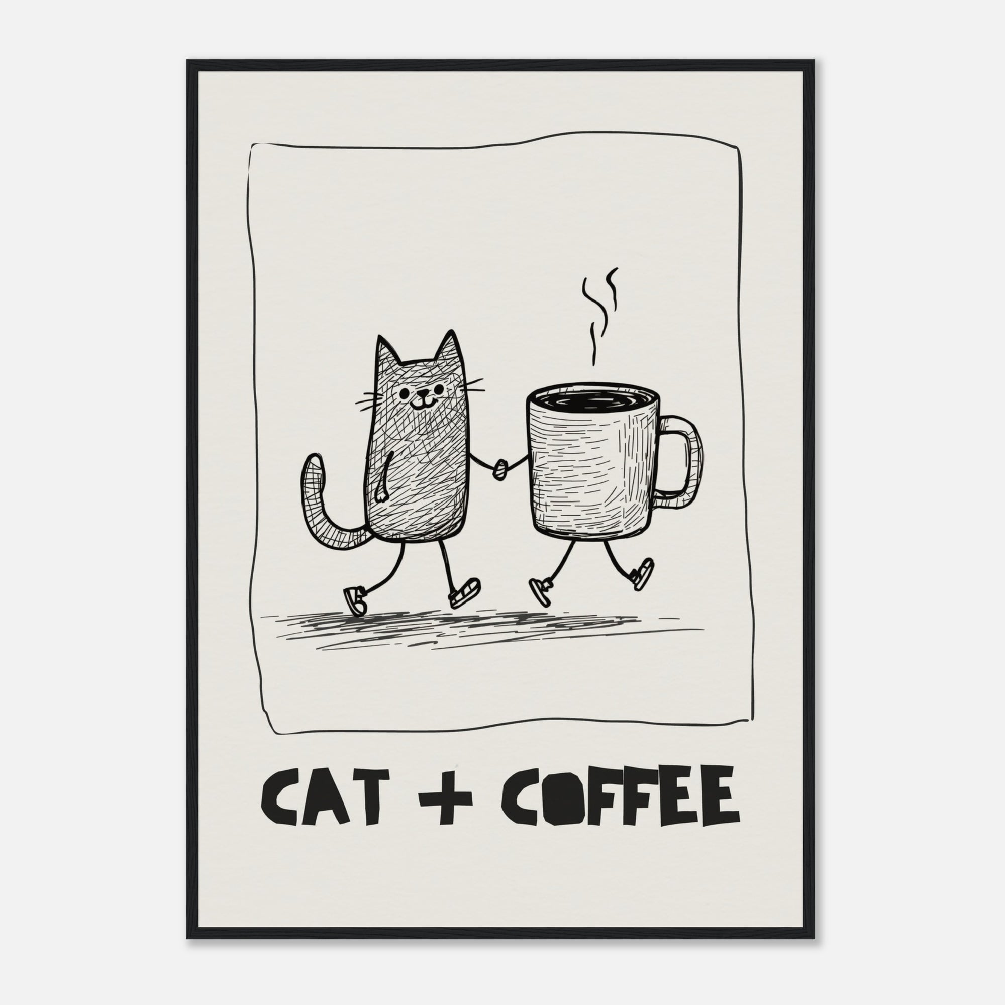 Framed artwork with a black and white illustration of a cat and coffee cup holding hands, with 'Cat + Coffee' text below.