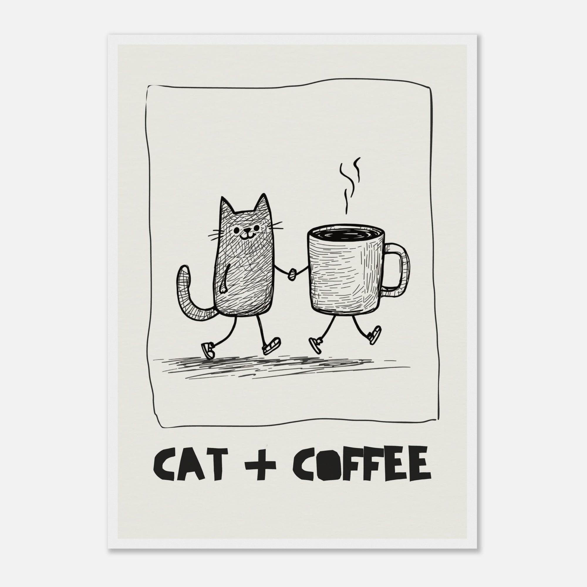 Illustration of a cat and a coffee cup holding hands with 'Cat + Coffee' text on a white background.