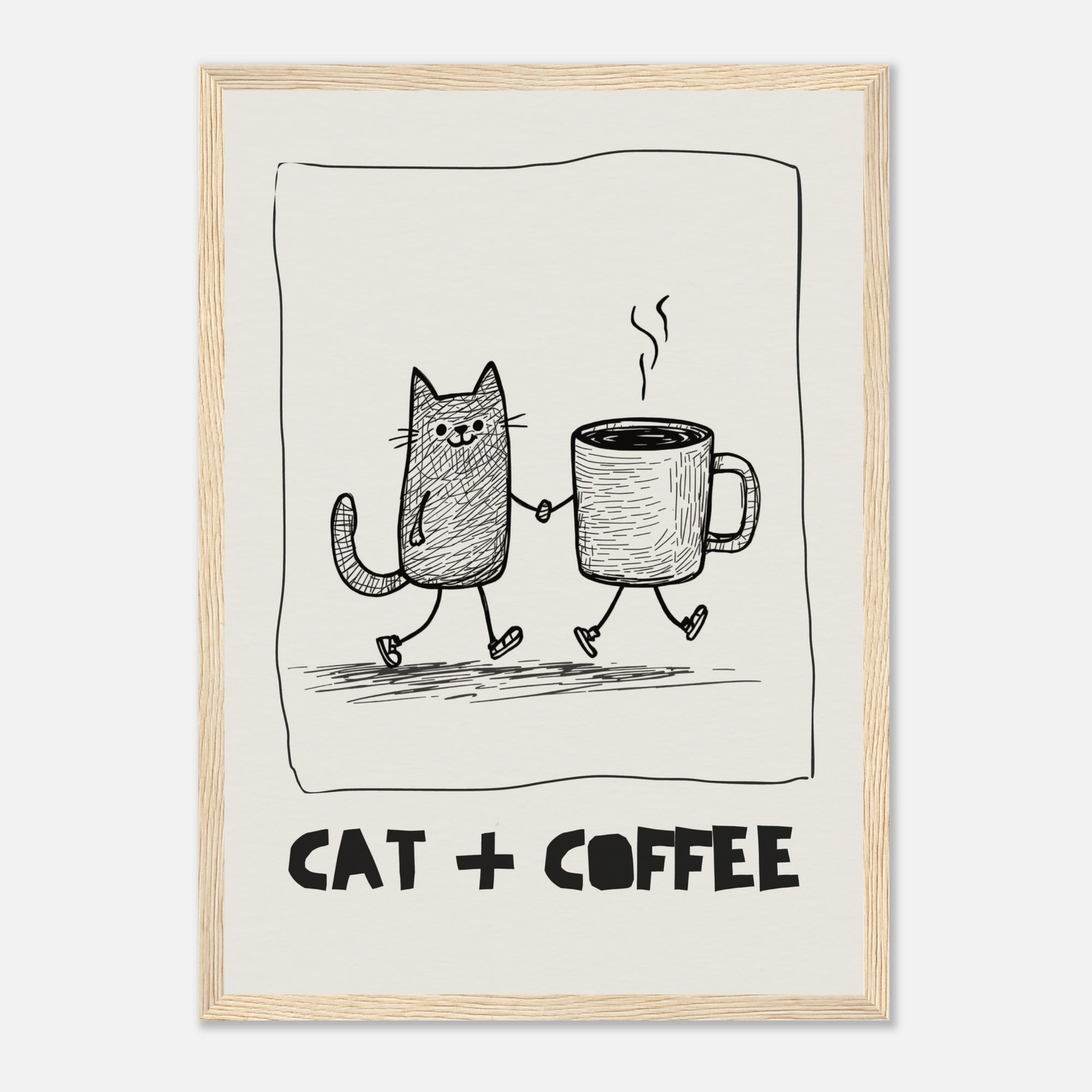 Framed artwork with a cartoon cat and coffee cup holding hands, labeled &#39;Cat + Coffee&#39;.