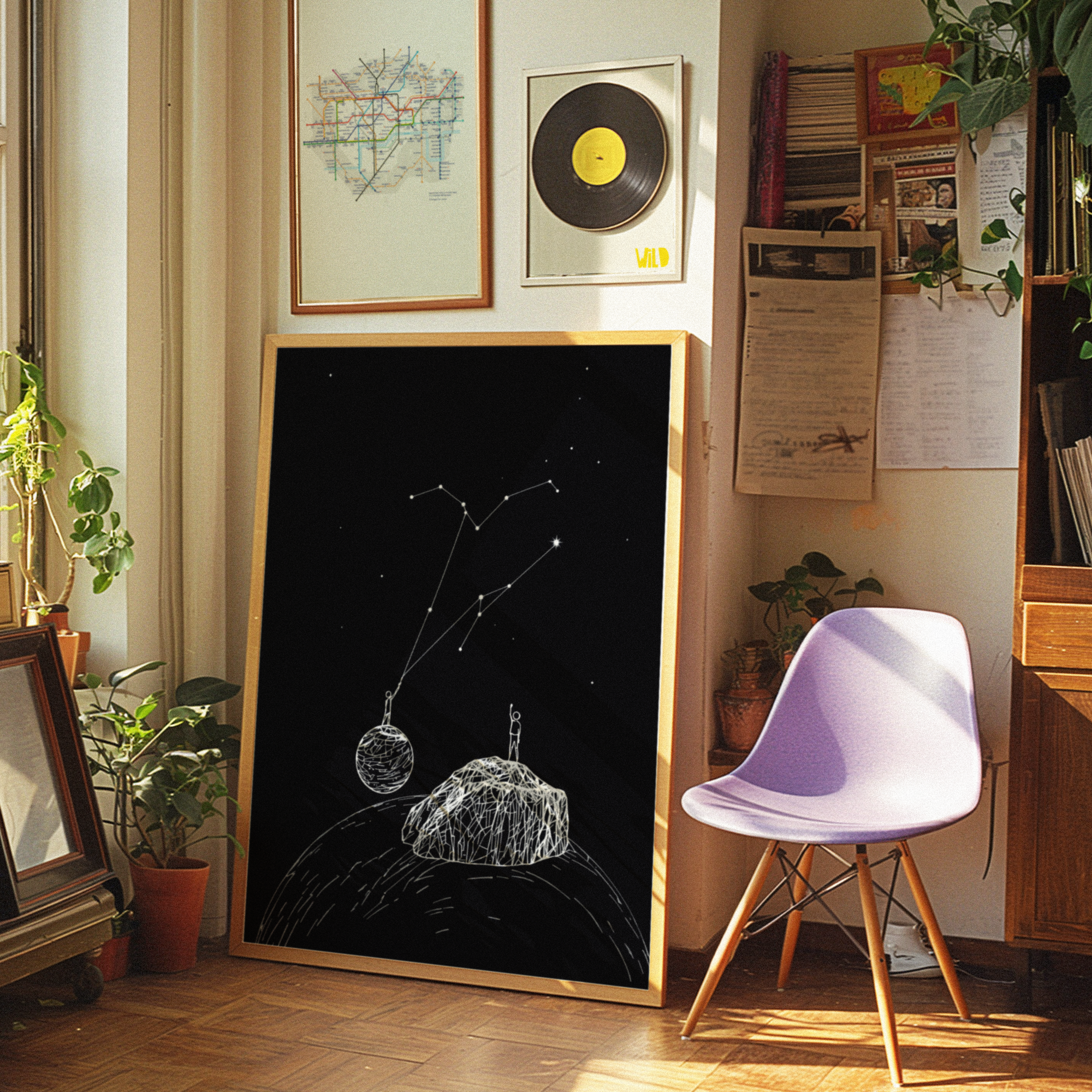 Room interior with a framed black and white constellation drawing, a purple chair, and various decor items.