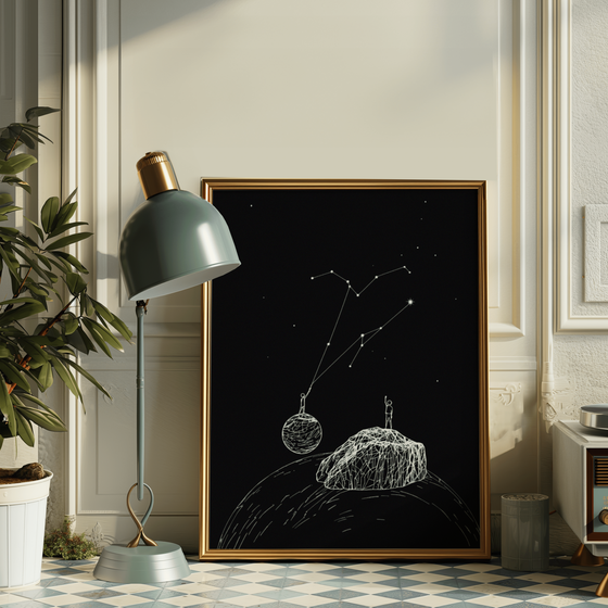 Framed artwork of celestial design on a wall in a room with decor elements.
