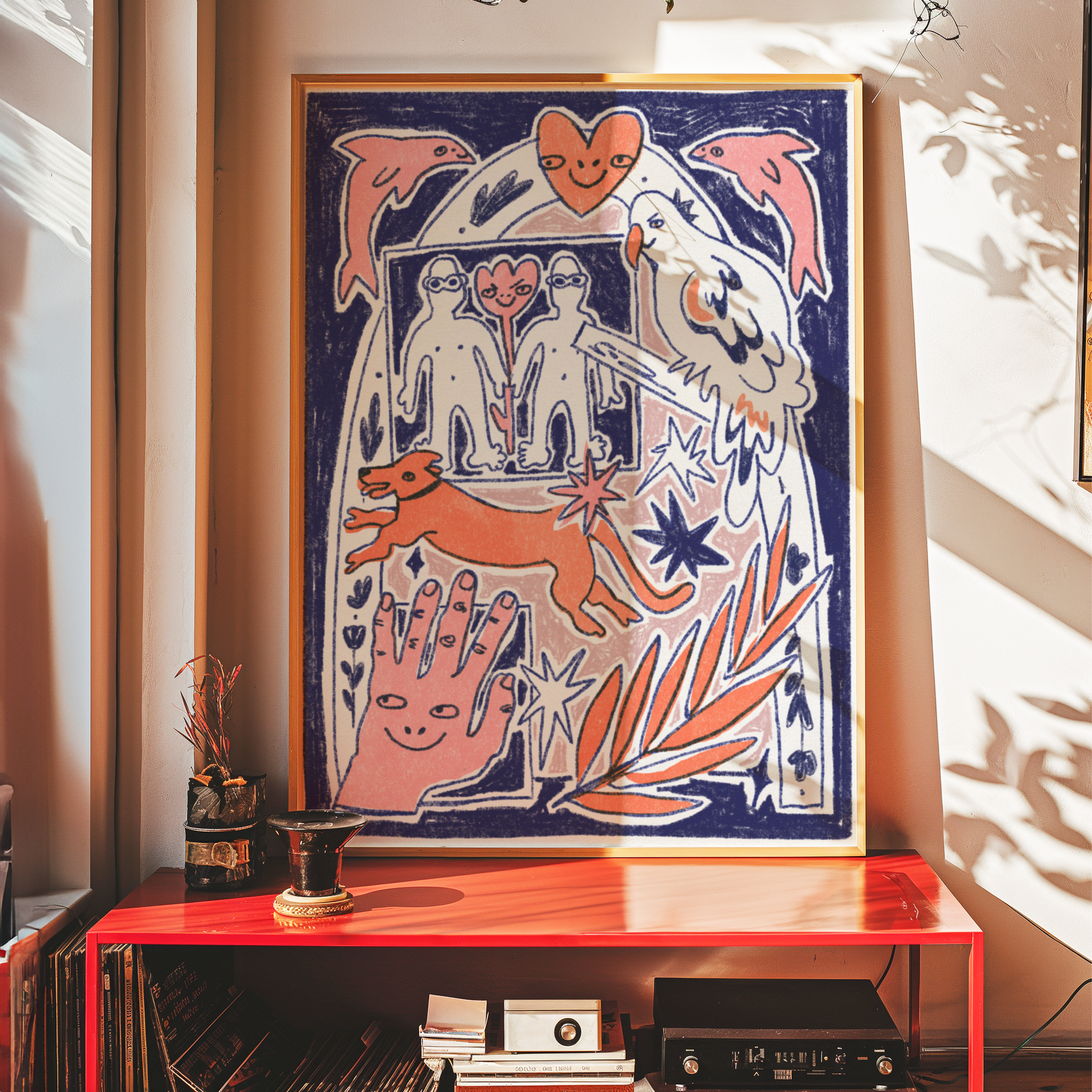 Colorful abstract artwork on a red shelf with decorative items.