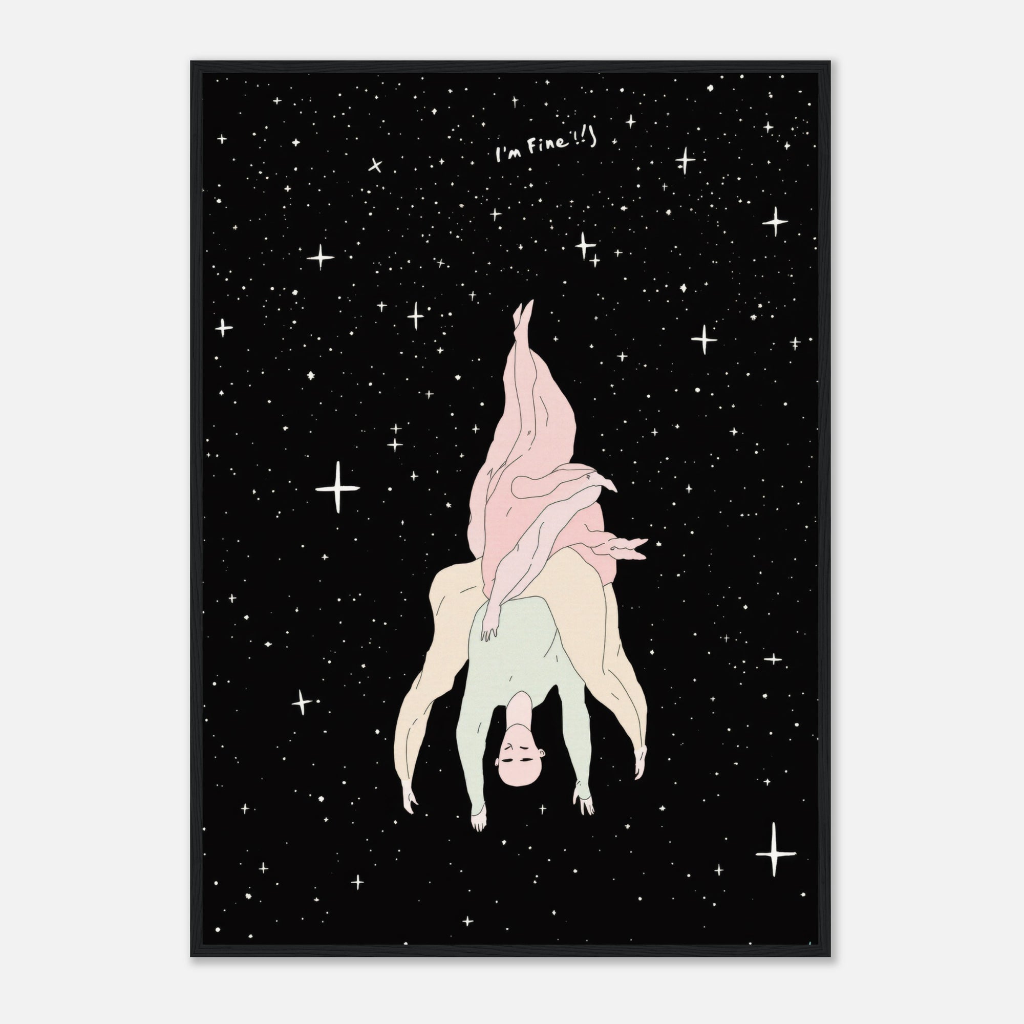 Illustration of a person upside down against a starry night sky.