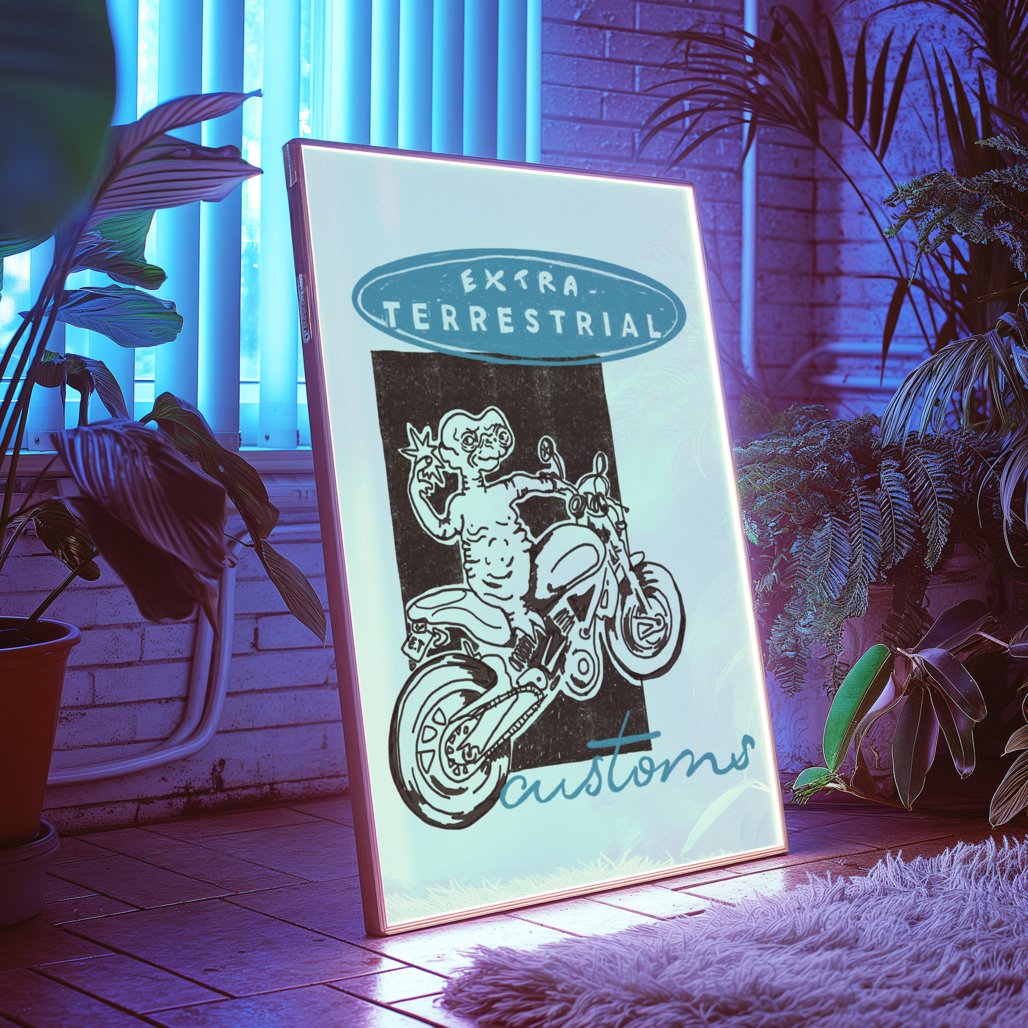 Art print with 'Extra-Terrestrial Customs' design in a room with plants and a brick wall.