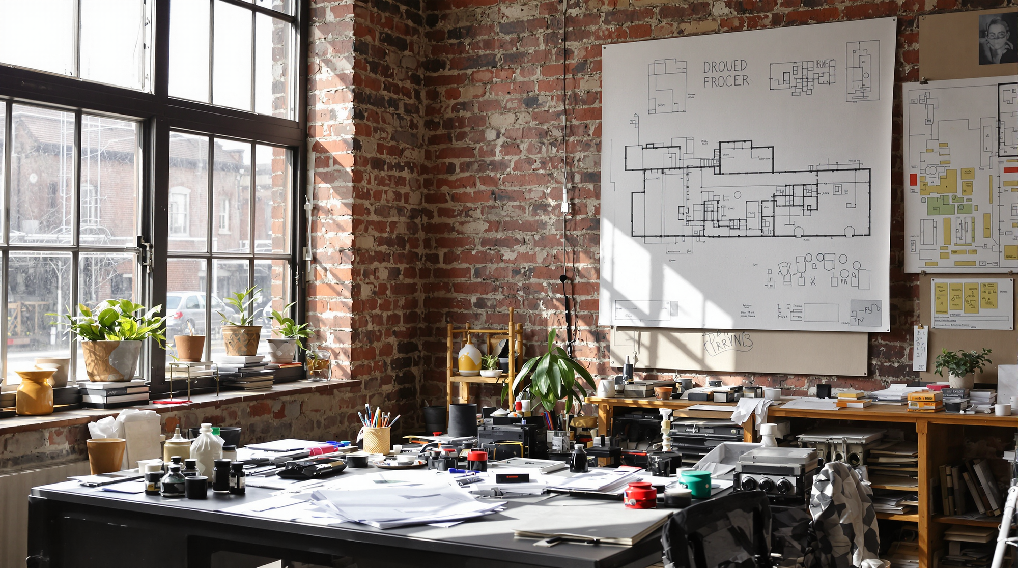 Workshop or studio with brick walls, large windows, and various tools and equipment.