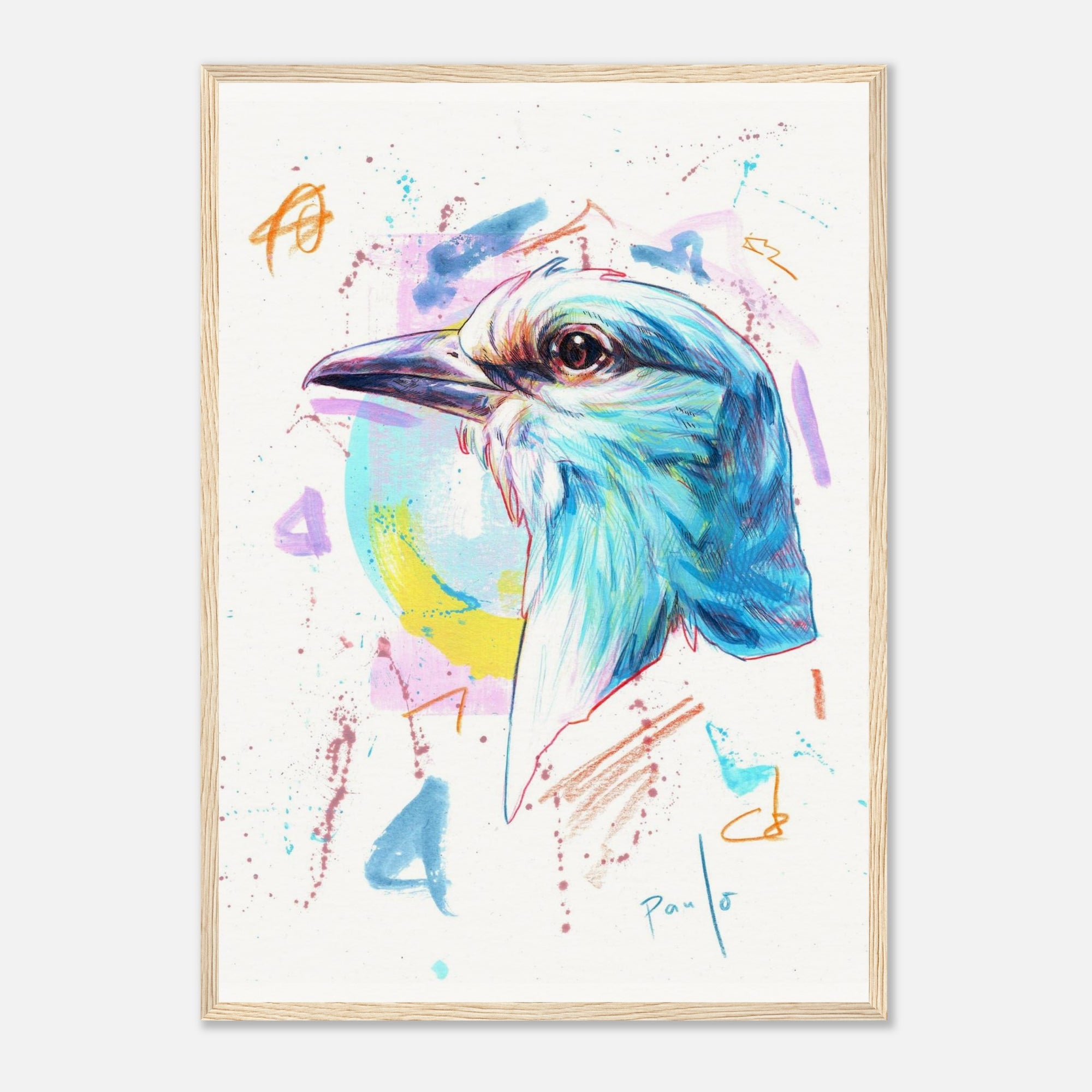 Colorful bird illustration in a wooden frame on a white background