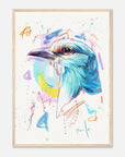 Colorful bird illustration in a wooden frame on a white background