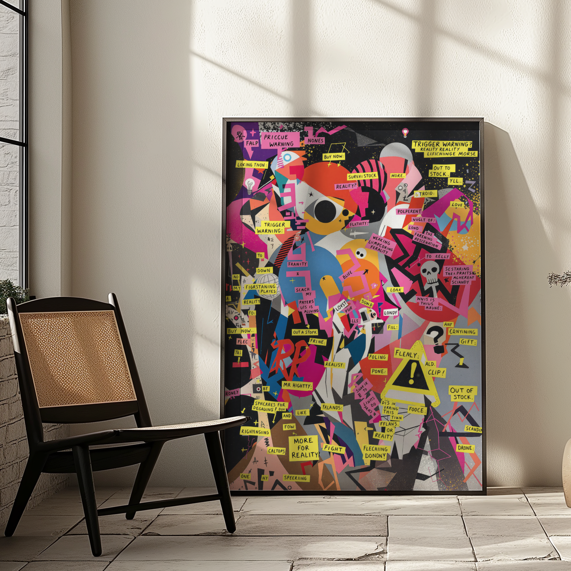 Colorful abstract Guernica art poster on a wall next to a chair