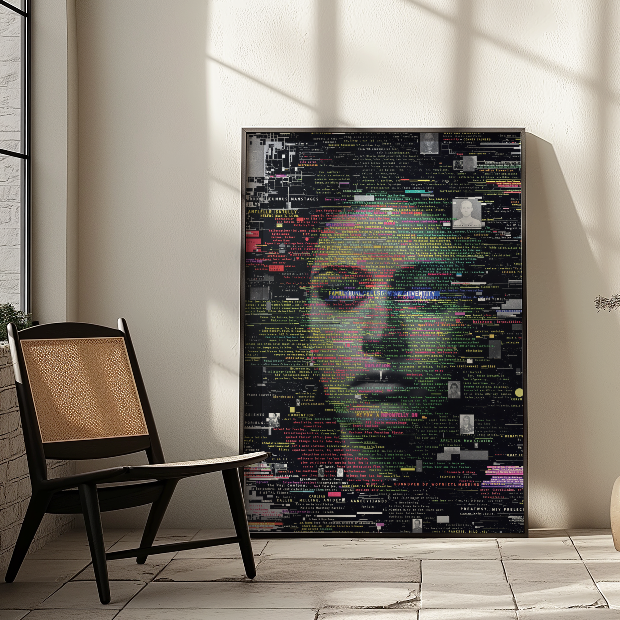 Futuristic poster with a stylized face design in a room with a chair and light-colored walls.