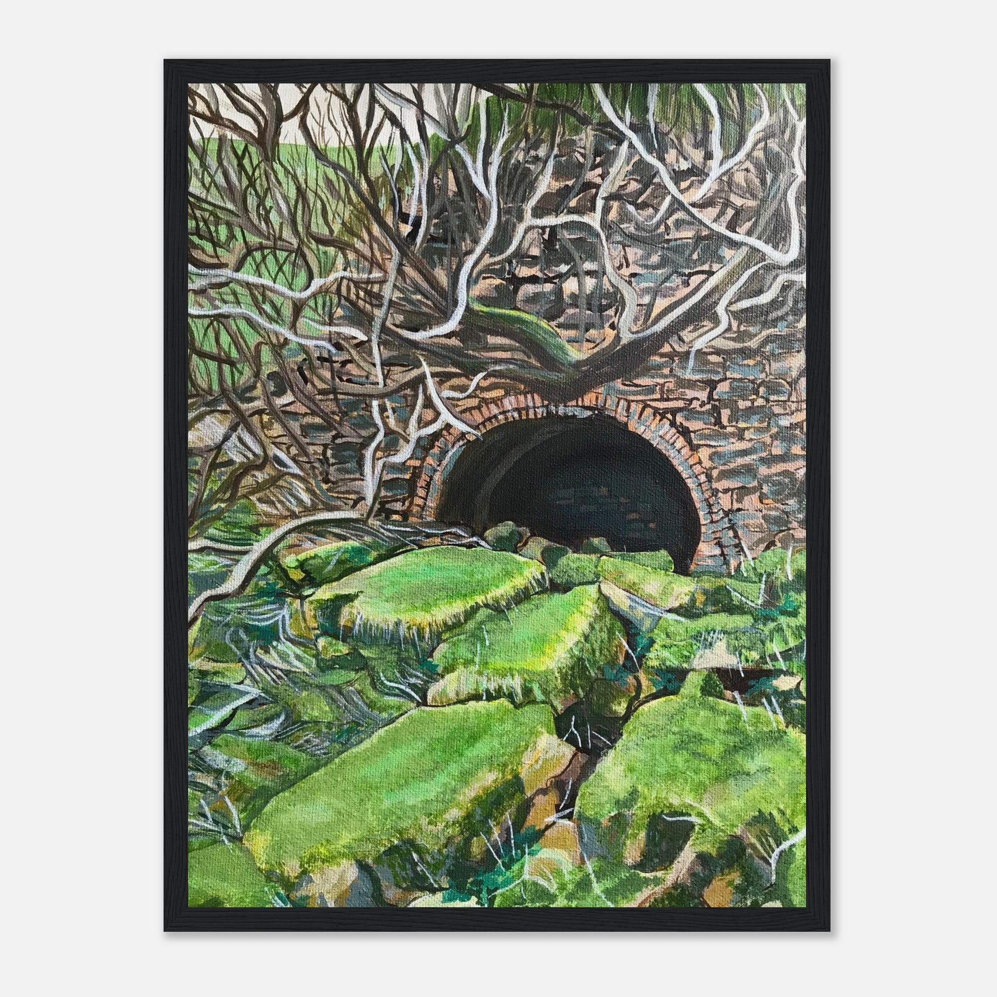 Framed artwork of a stone tunnel with greenery