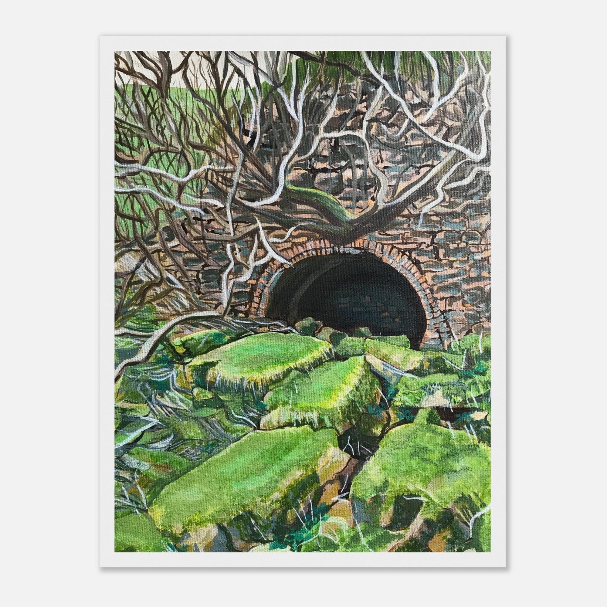 Art print of a tunnel surrounded by greenery and stone walls.
