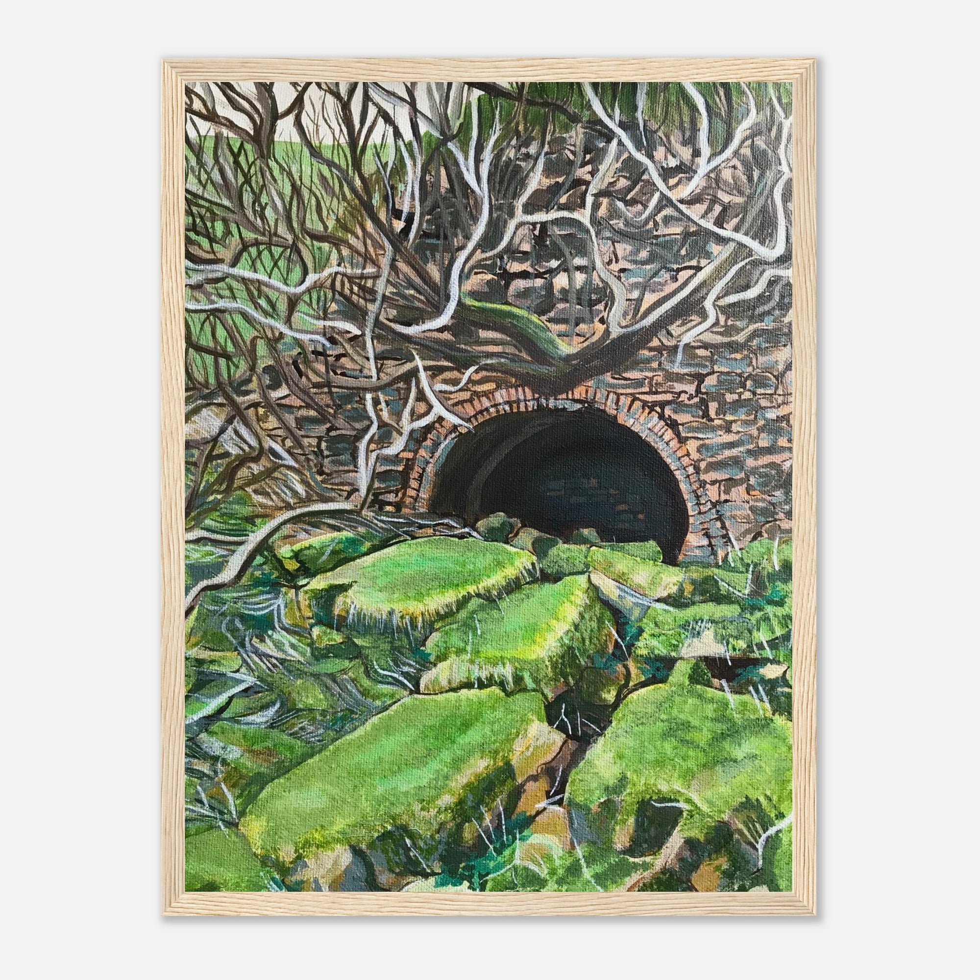 Framed artwork of a tunnel surrounded by greenery on a white background