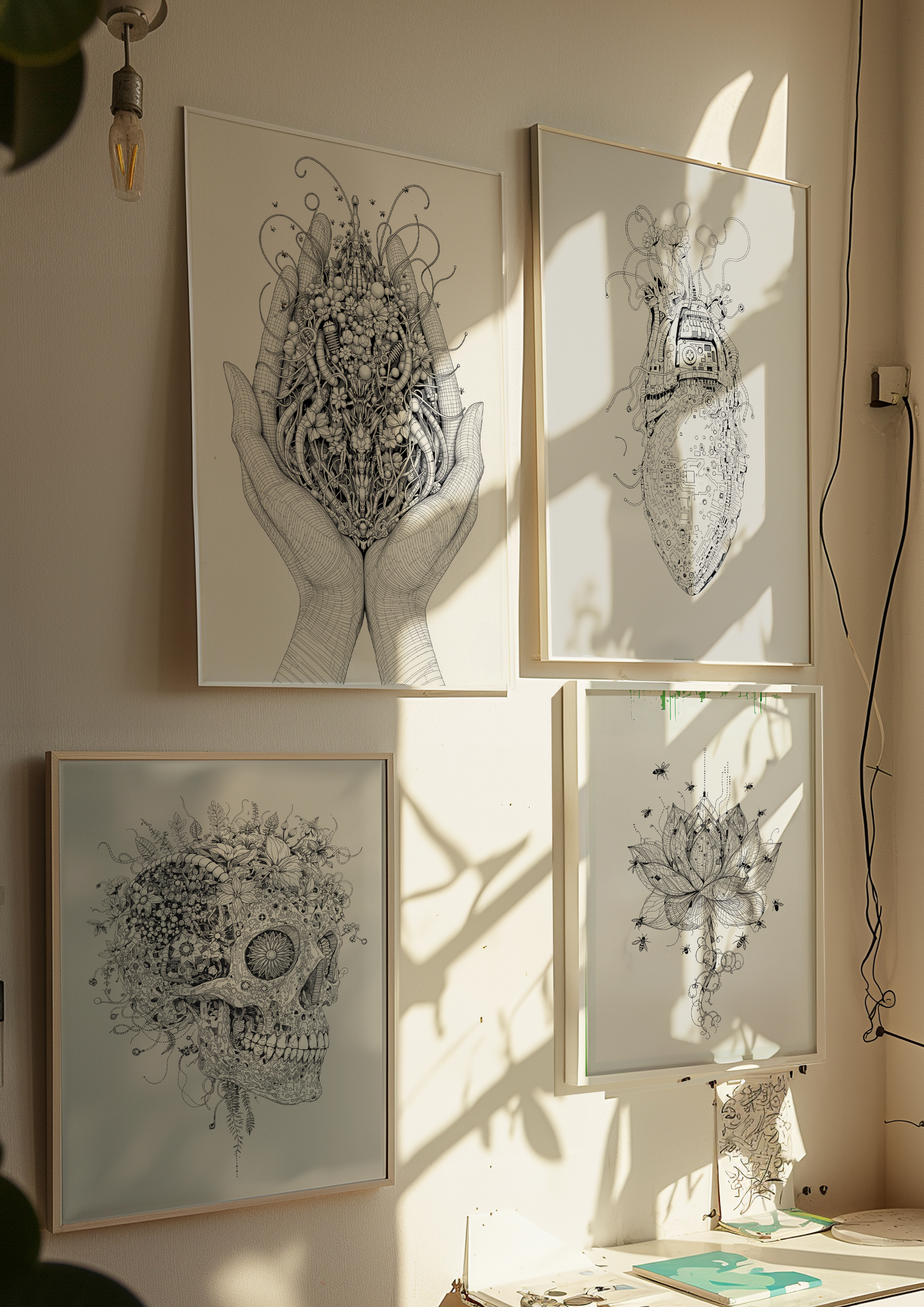 Four framed black and white artworks on a wall with natural light casting shadows.