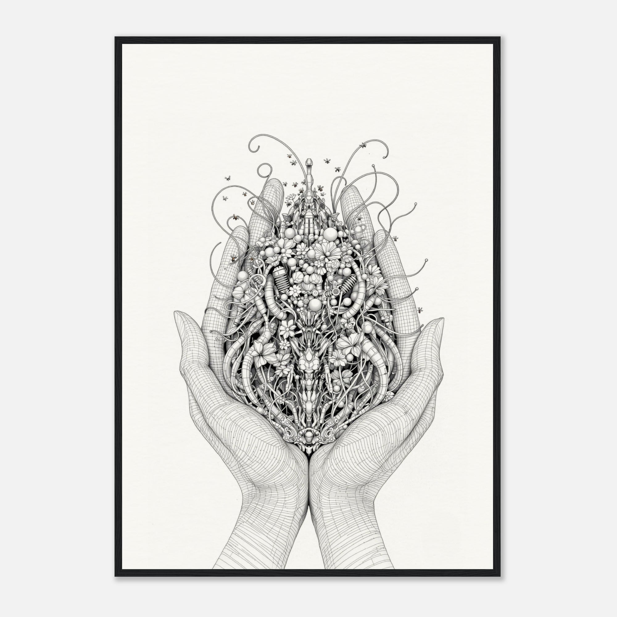 Framed black and white artwork of hands holding a floral design on a white background