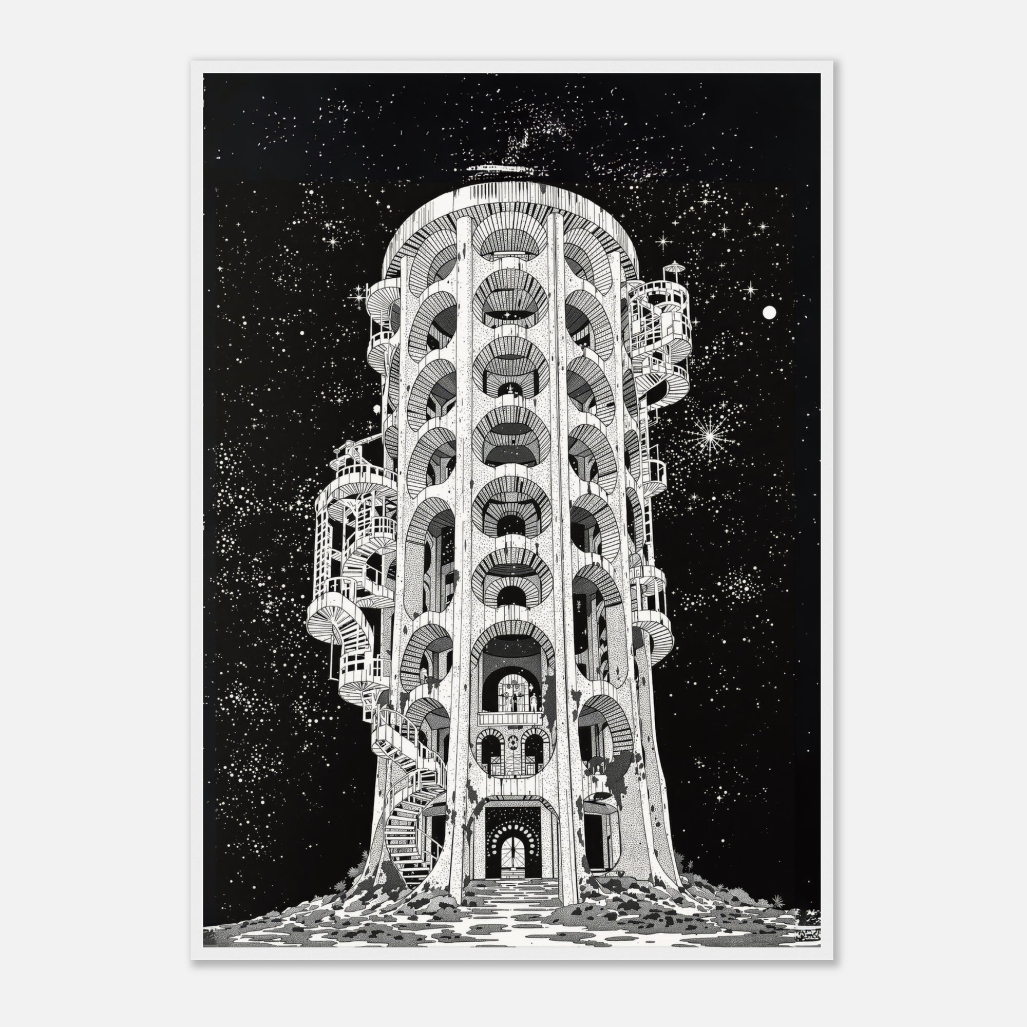Framed art print of a tower, black and white colors only