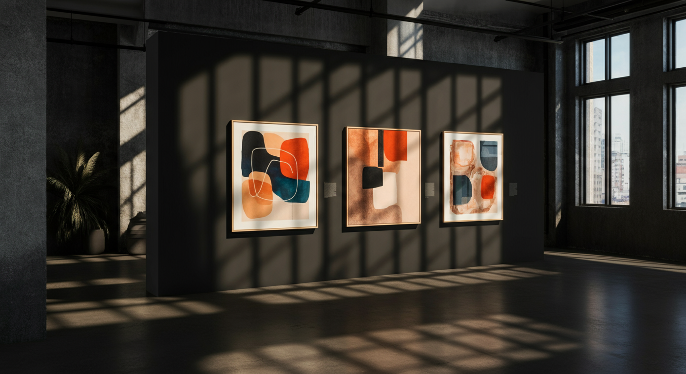Three abstract paintings on a dark wall with sunlight casting shadows