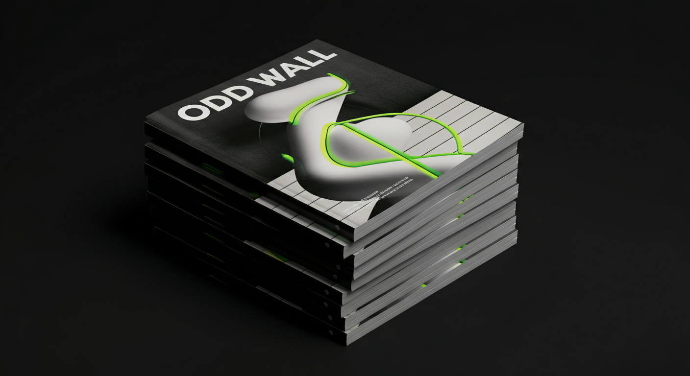 Stack of magazines titled 'ODD WALL' on a black background