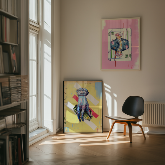 Modern interior with abstract art on the wall and a black chair.