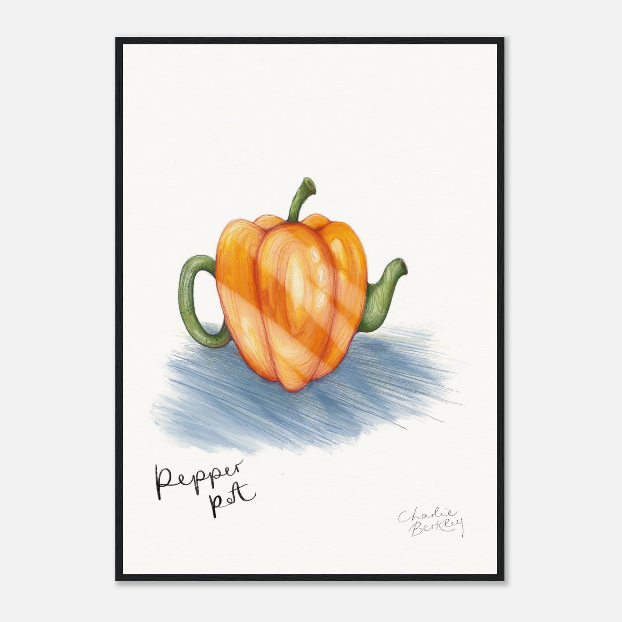 Framed artwork of a colorful pepper on a white background