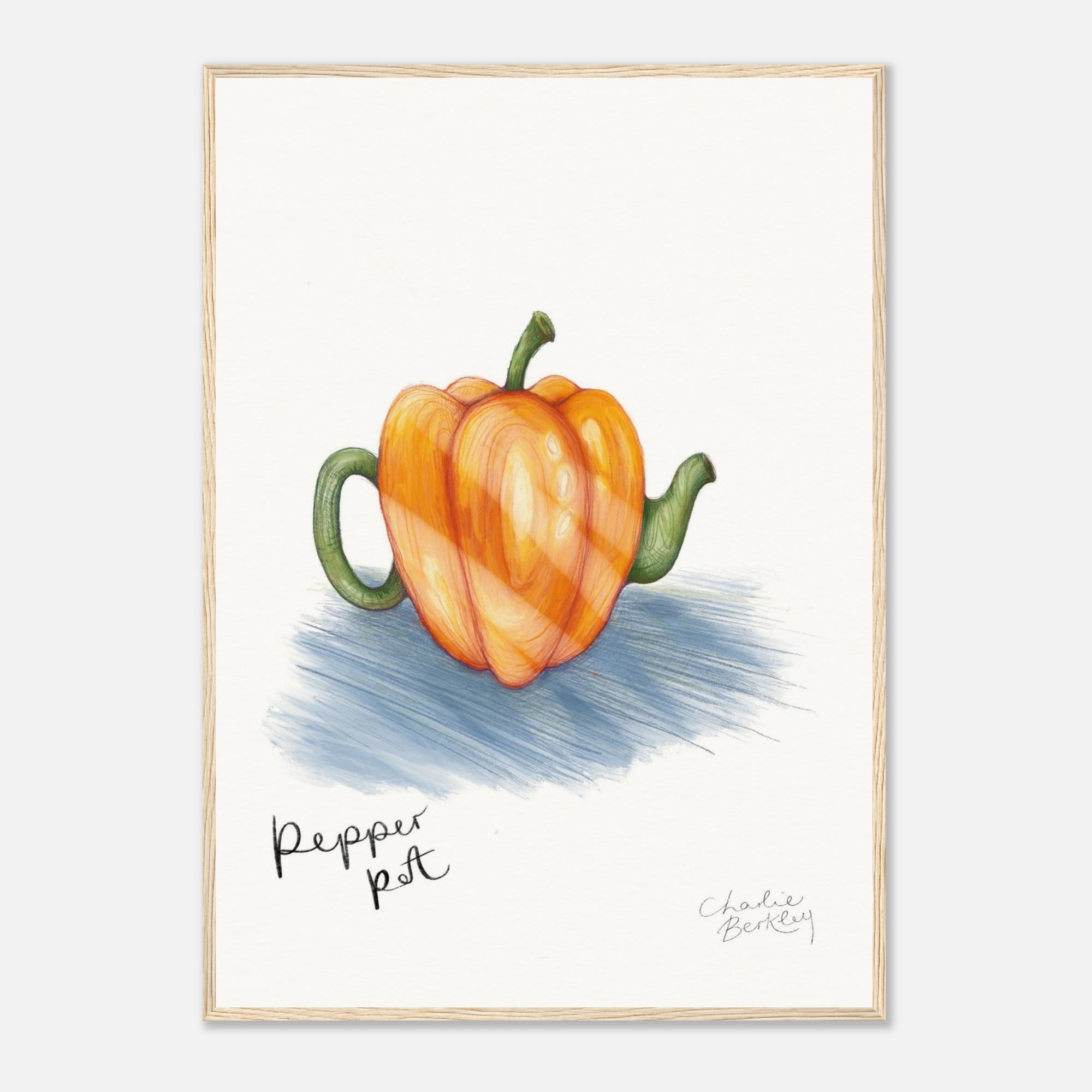 Framed artwork of a pepper pot on a white background with wooden frame