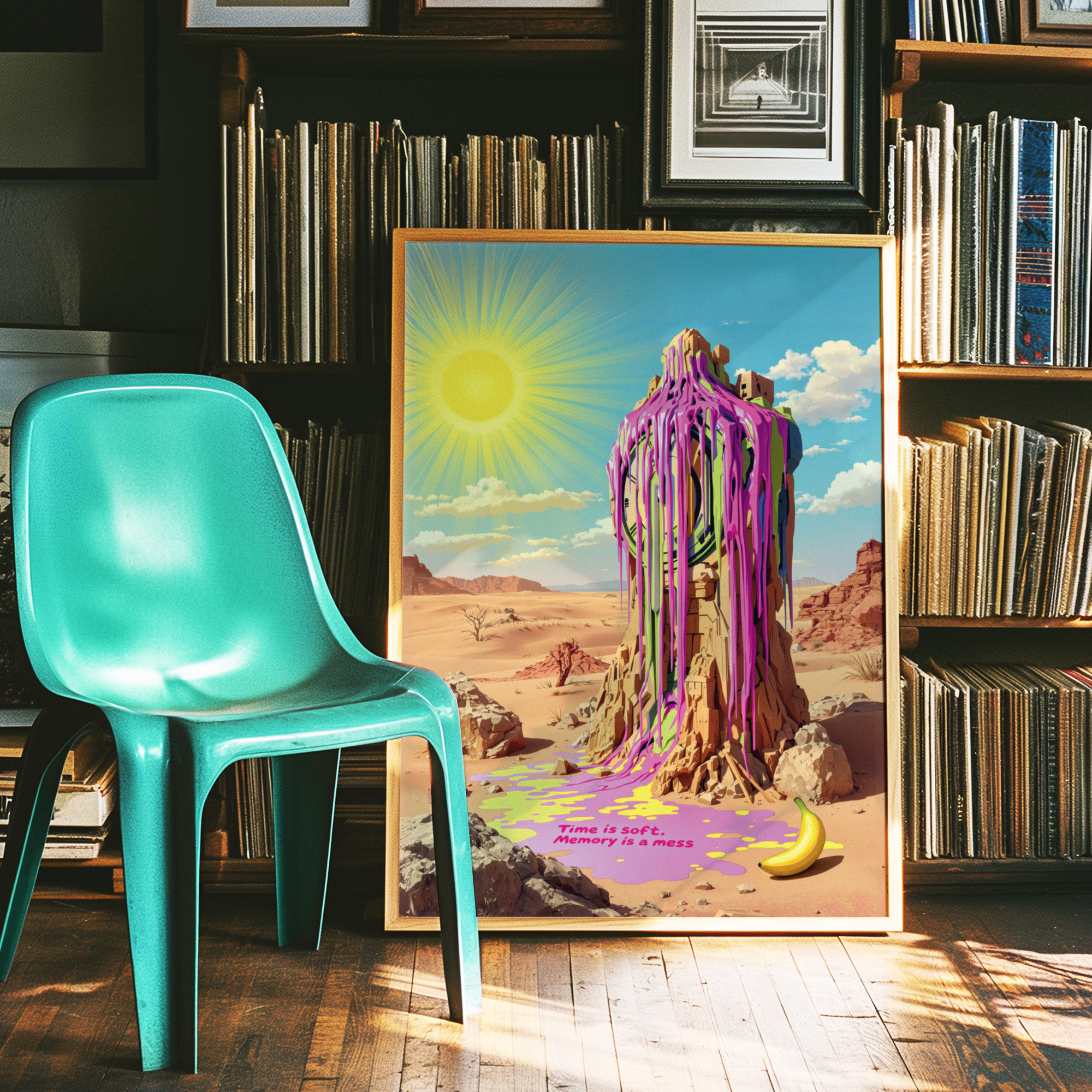 Colorful wall art in salvador dali surrealist style on a wooden floor with a teal chair and bookshelf in the background.