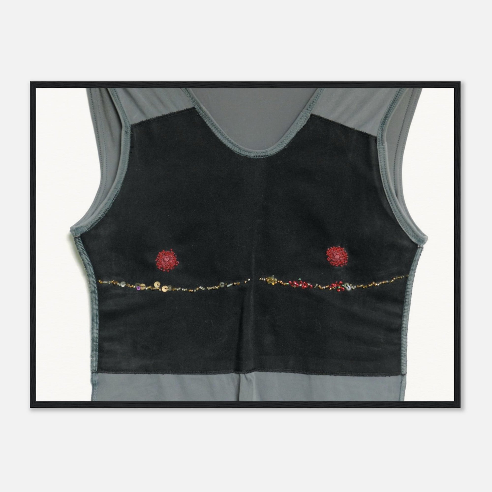 Art print of a black tank top with red floral embellishments on a white background