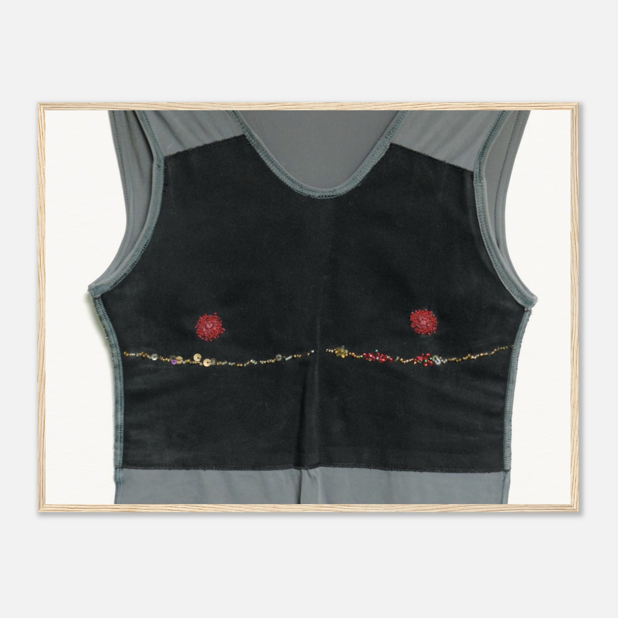 Fashion art print of a black sleeveless top with red floral embroidery on a white background