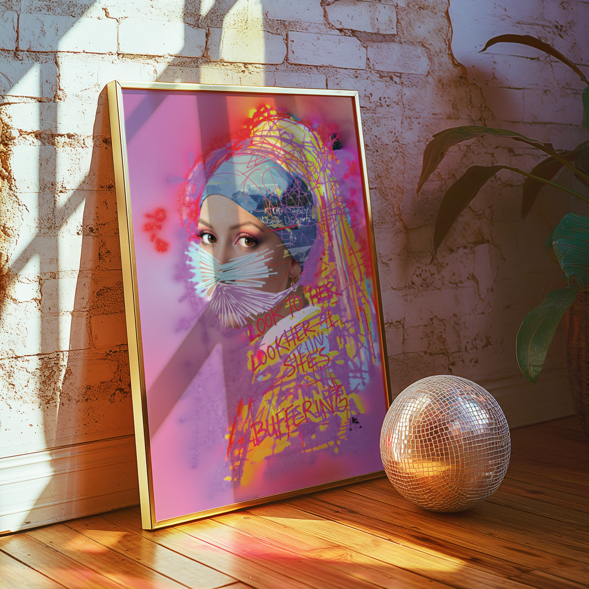 Framed artwork with a colorful design of a woman's face on a brick wall background, in the style of Vermeer girl in a pearl earring.