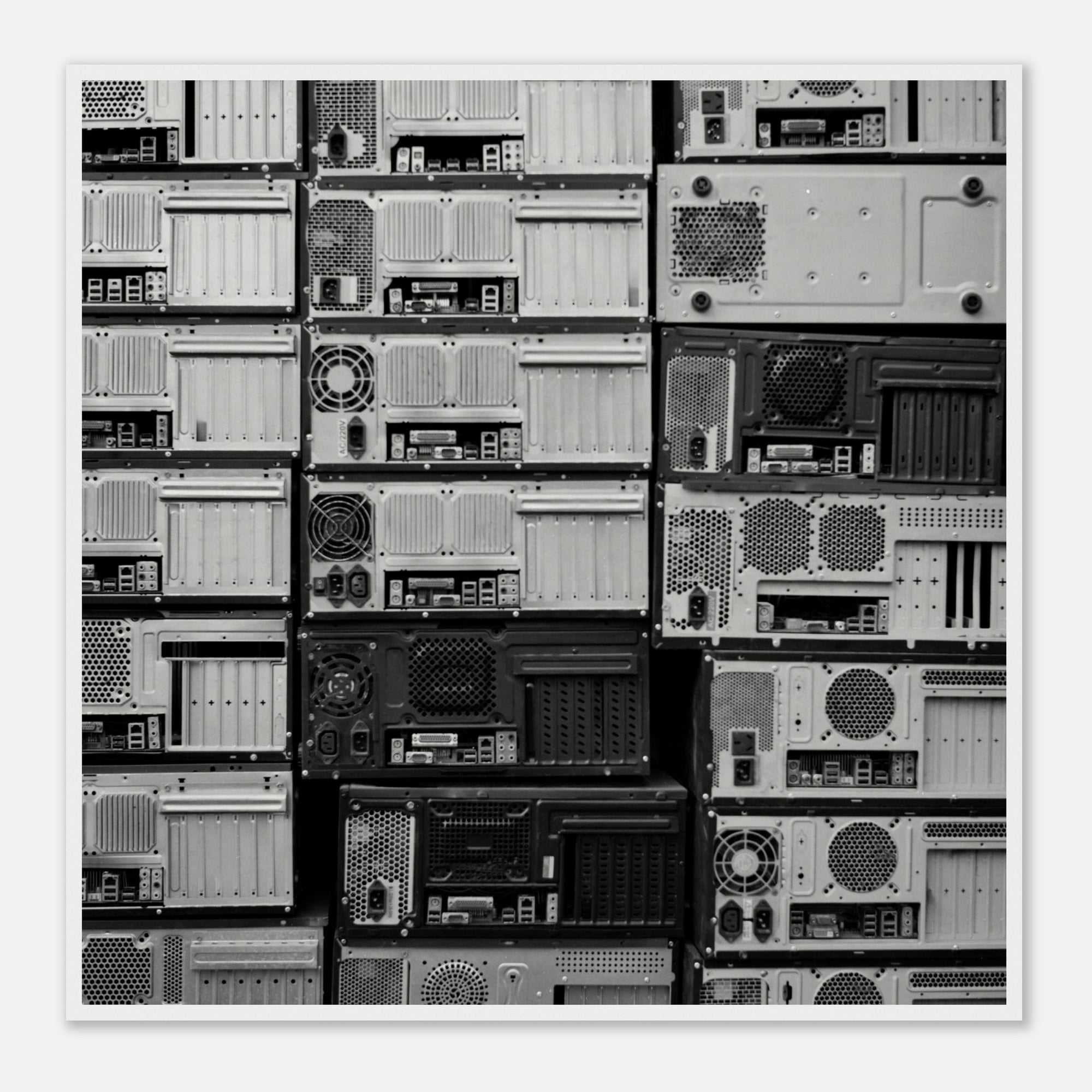 Framed wall art of black and white electronic components on a white background
