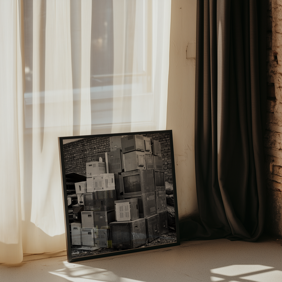 Framed black and white photograph of stacked computers leaning against a wall, with curtains in the background.