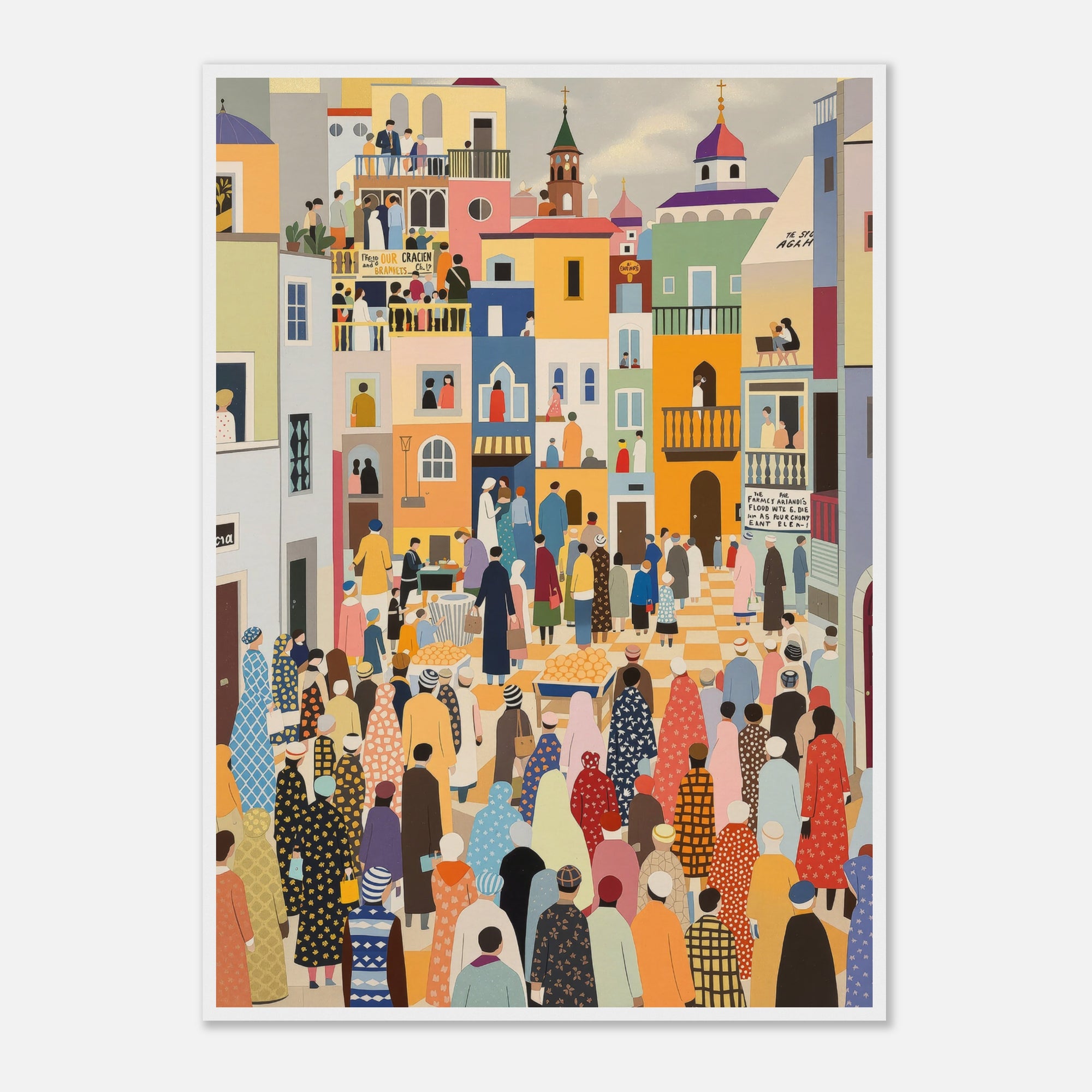 Illustration of a bustling city street with colorful buildings and people.