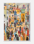 Illustration of a bustling city street with colorful buildings and people.