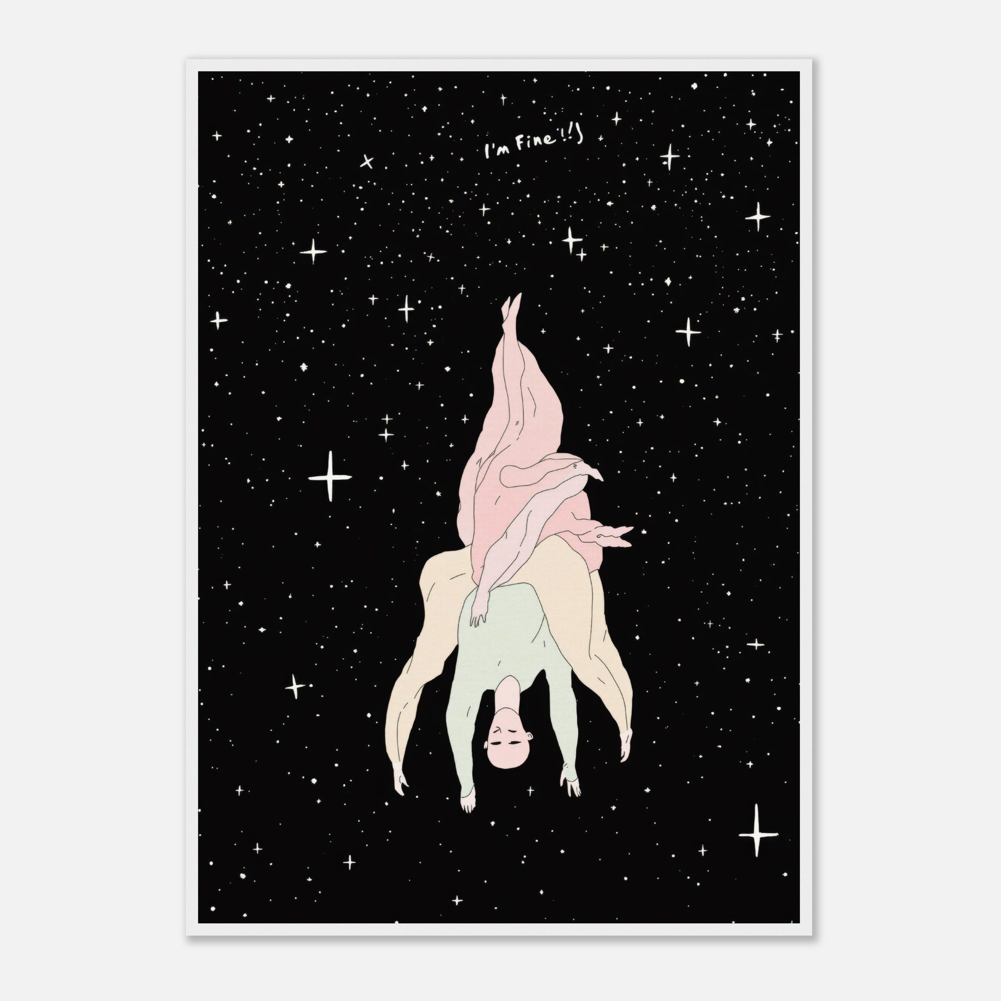 Illustration of a person upside down with pink hair against a starry night sky.
