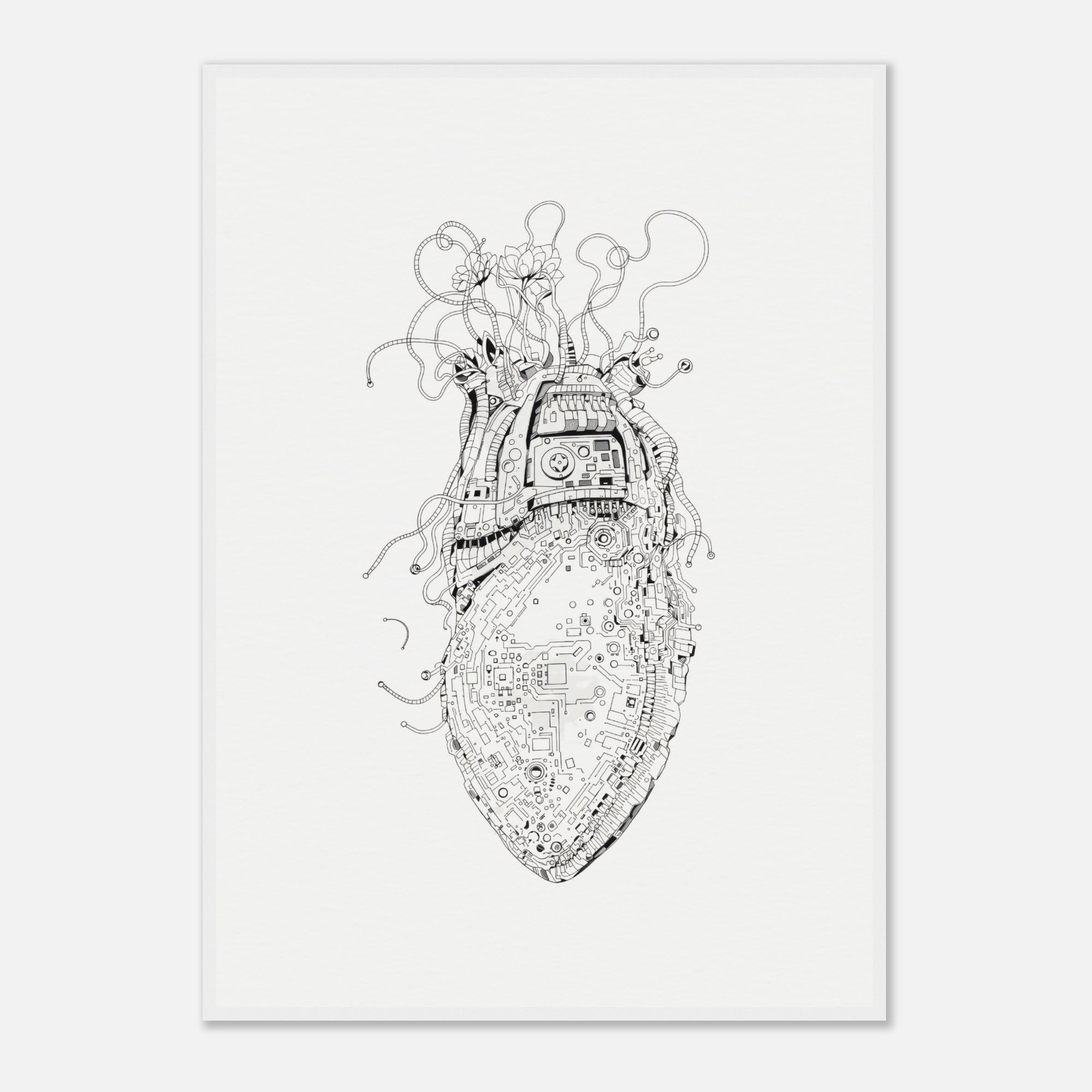 Black and white intricate drawing of a mechanical heart on a light gray background
