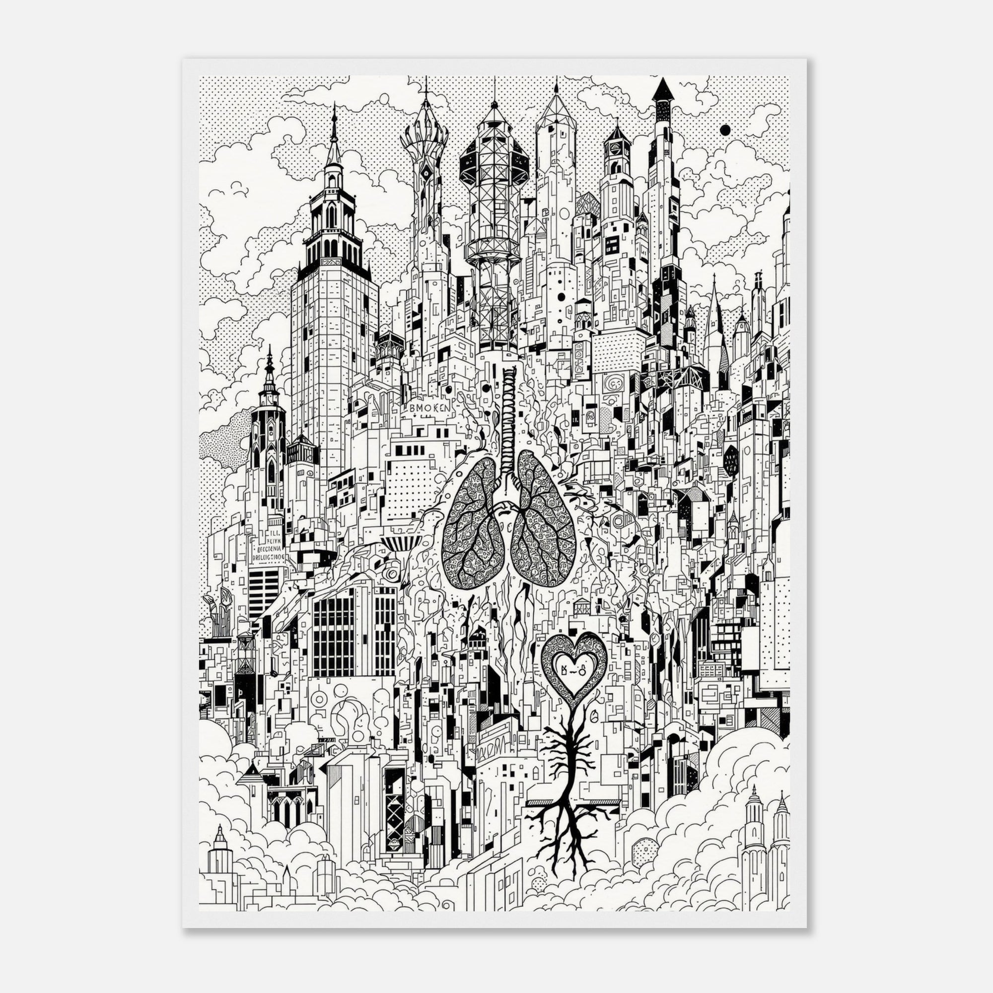 Black and white illustration of a cityscape with anatomical heart and lungs design.