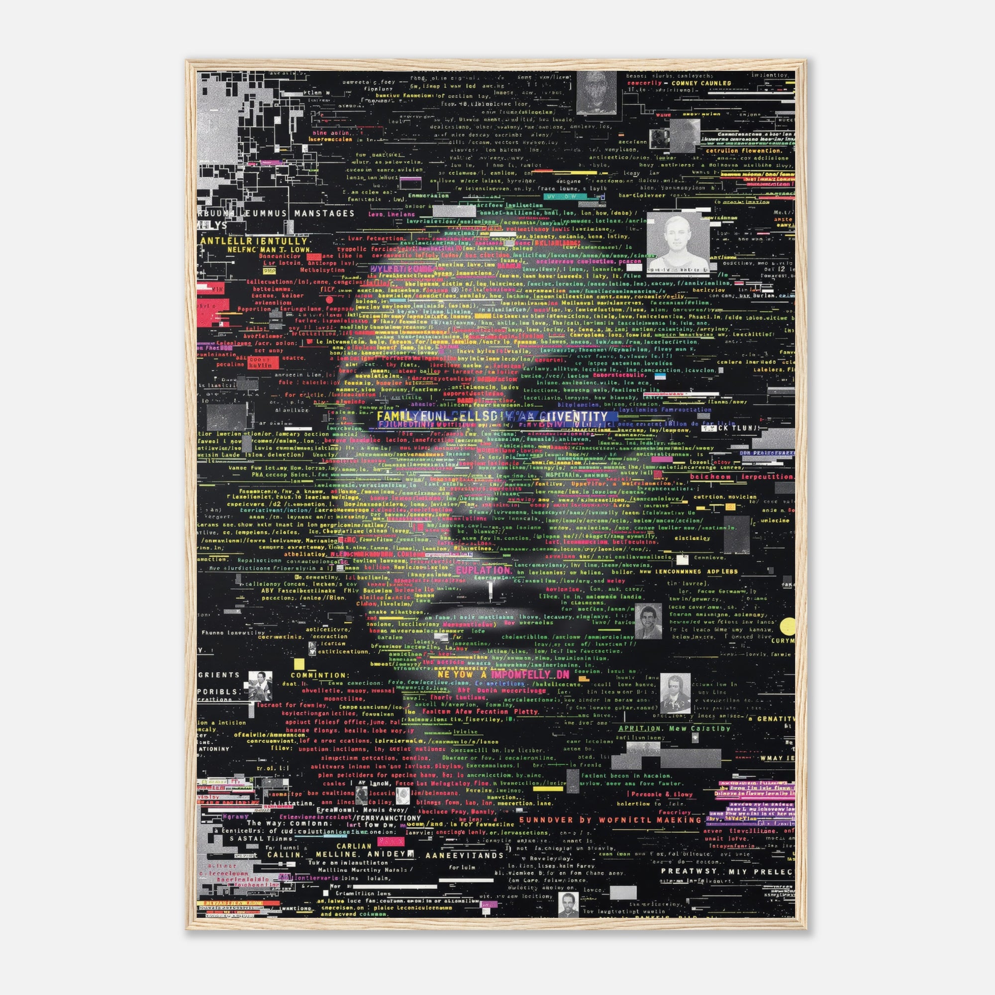 Framed artwork with a collage of text and images on a black background