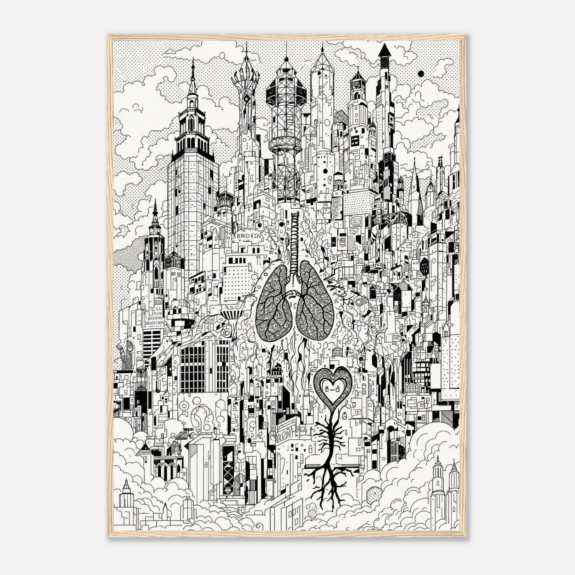Black and white illustration of a cityscape with lungs, heart, and tree design elements.