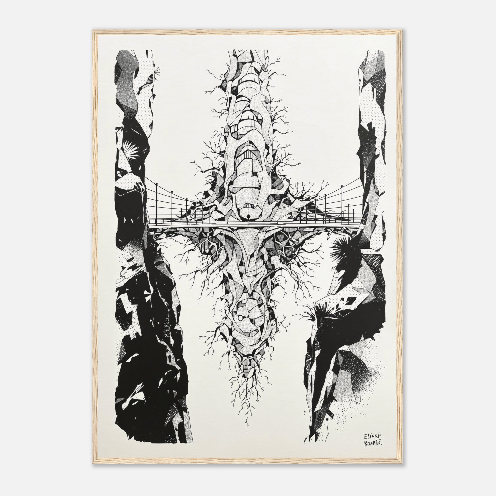 Framed black and white artwork of a bridge on a white background