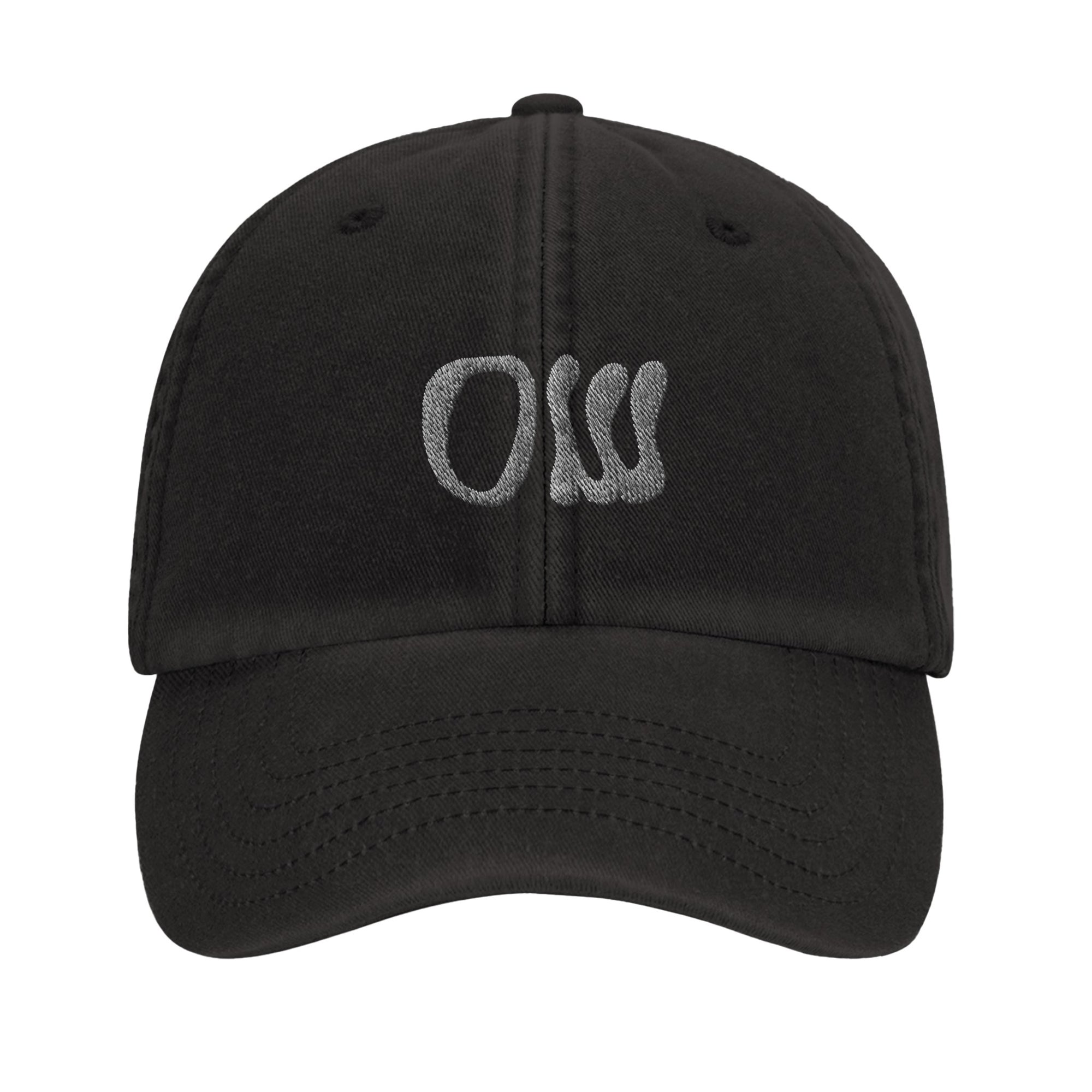 Black cap with gray embroidered logo on a white background
