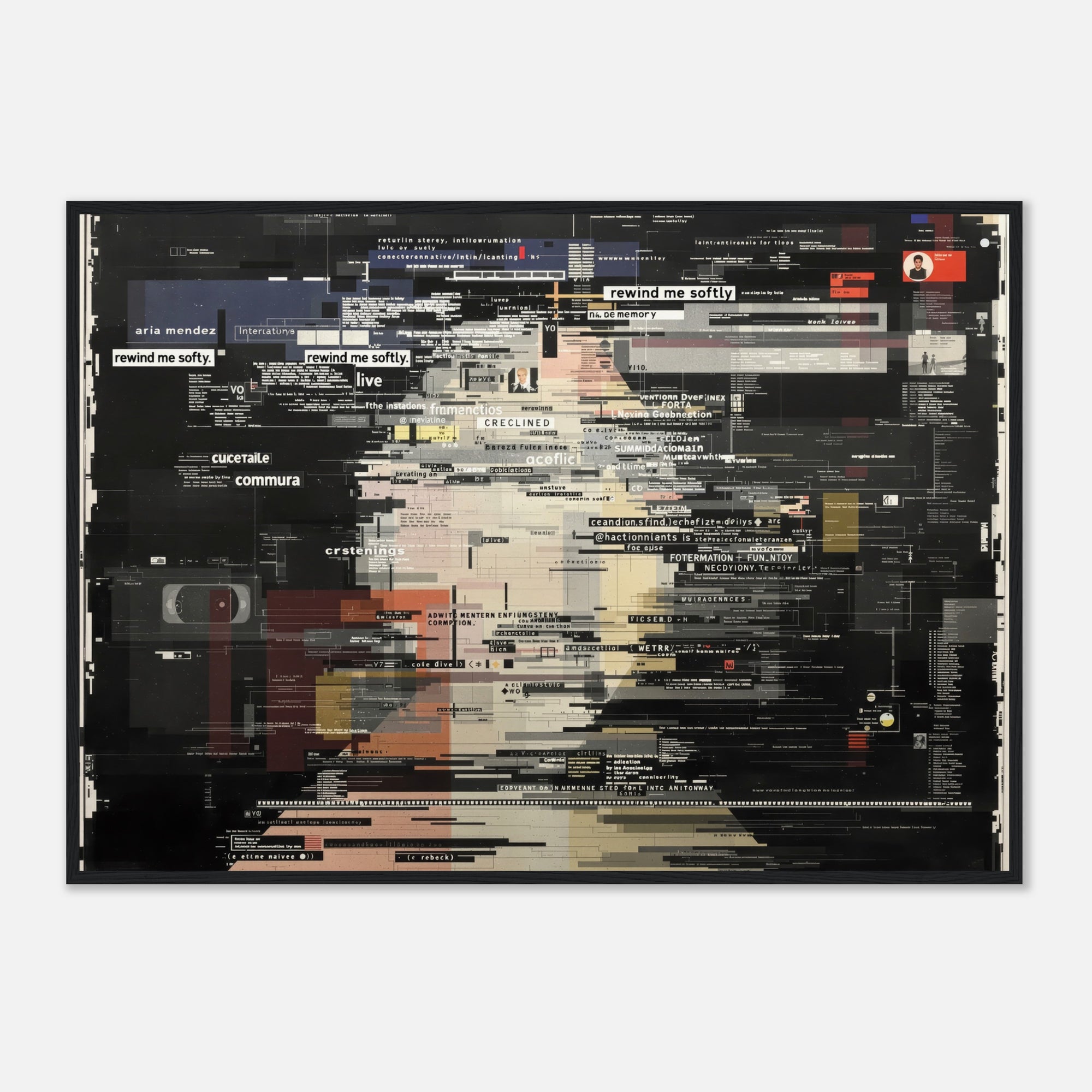 Black framed wall art of glitching colors and text on a white wall
