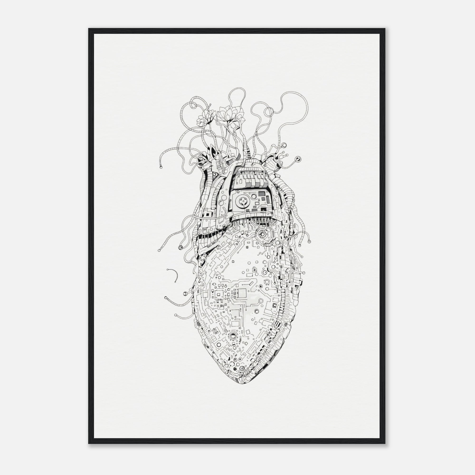 Black and white intricate drawing of a mechanical heart on a light gray background