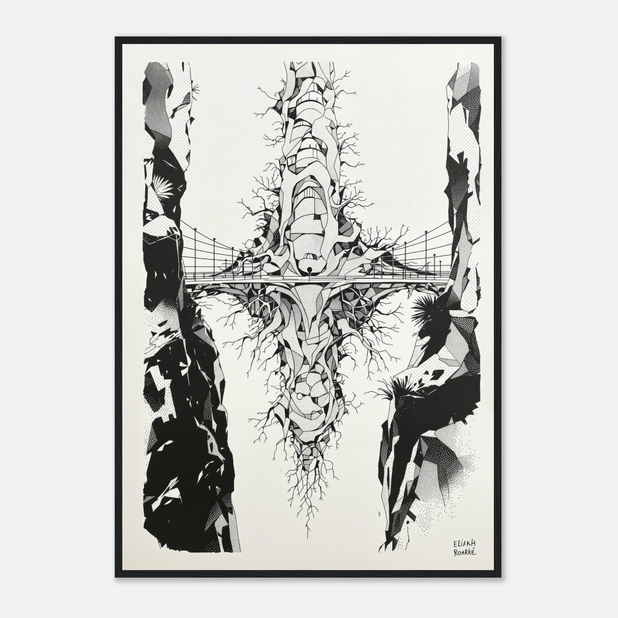 Framed black and white abstract artwork on a white background