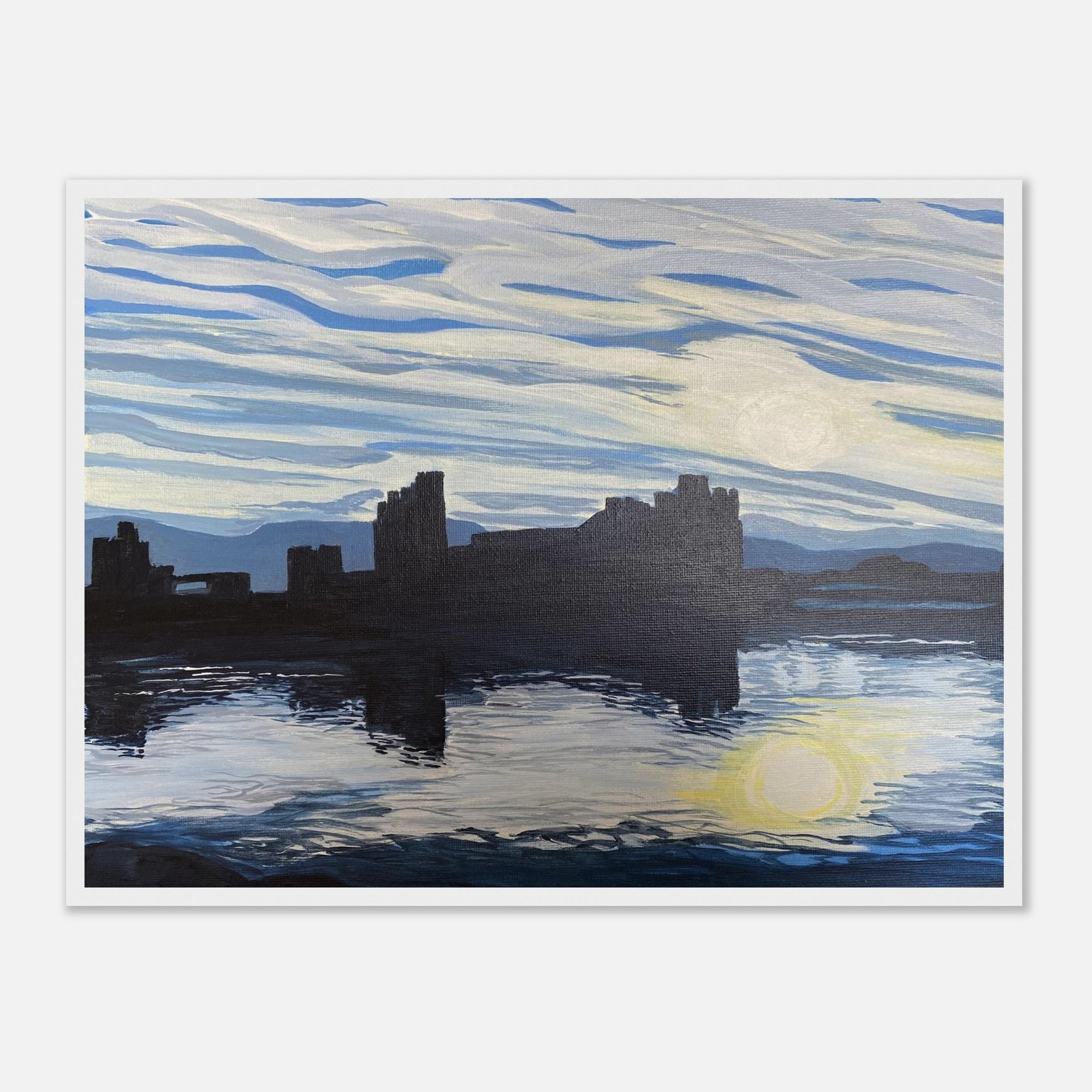 Art print of caerphilly castle by a body of water with a stylized sky.