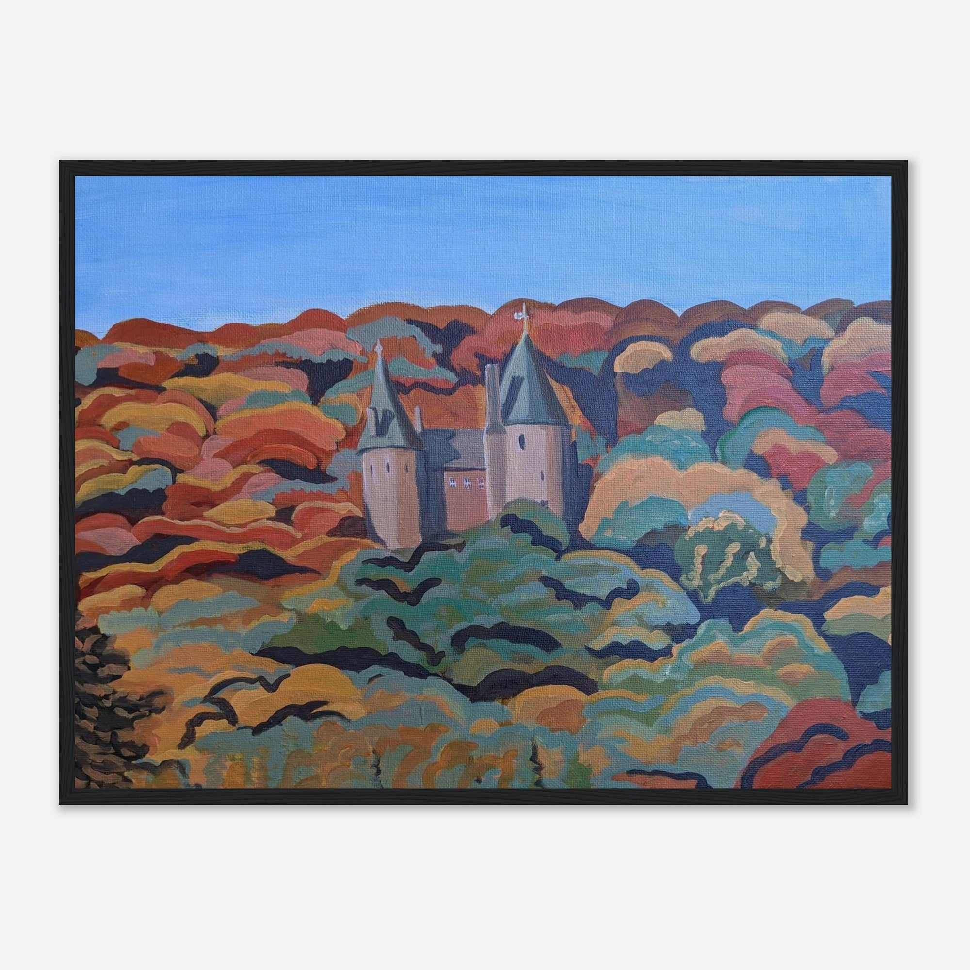 Framed artwork of a castle amidst colorful landscape